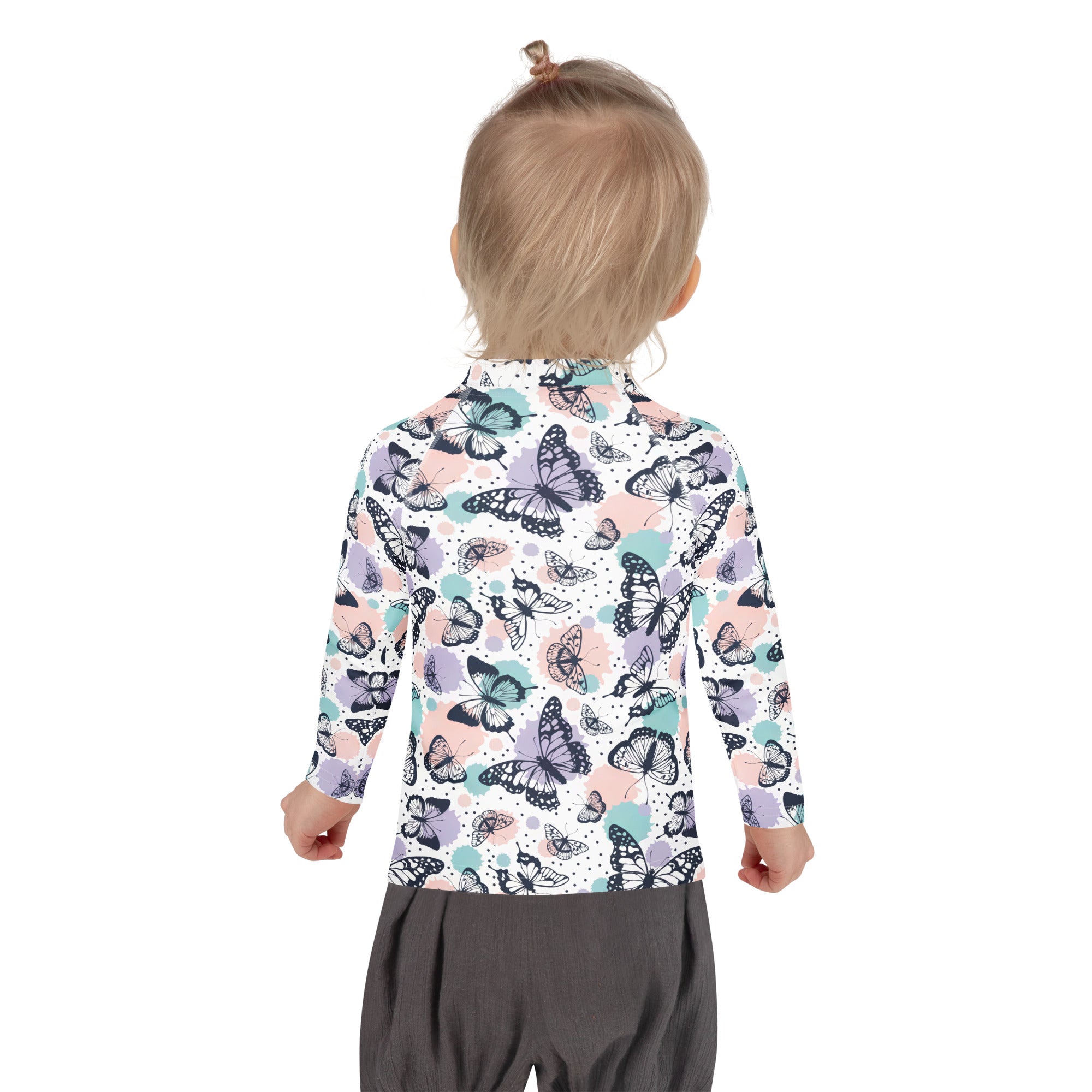 Girls butterfly long sleeve rash guard swim shirt with UPF 50 plus featuring black purple and teal butterflies on white