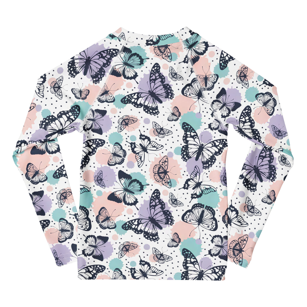 Girls butterfly long sleeve rash guard swim shirt with UPF 50 plus featuring black purple teal butterfly pattern on white