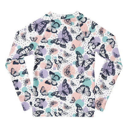 Girls Butterfly Long Sleeve Rash Guard Swim Shirt With UPF 50+