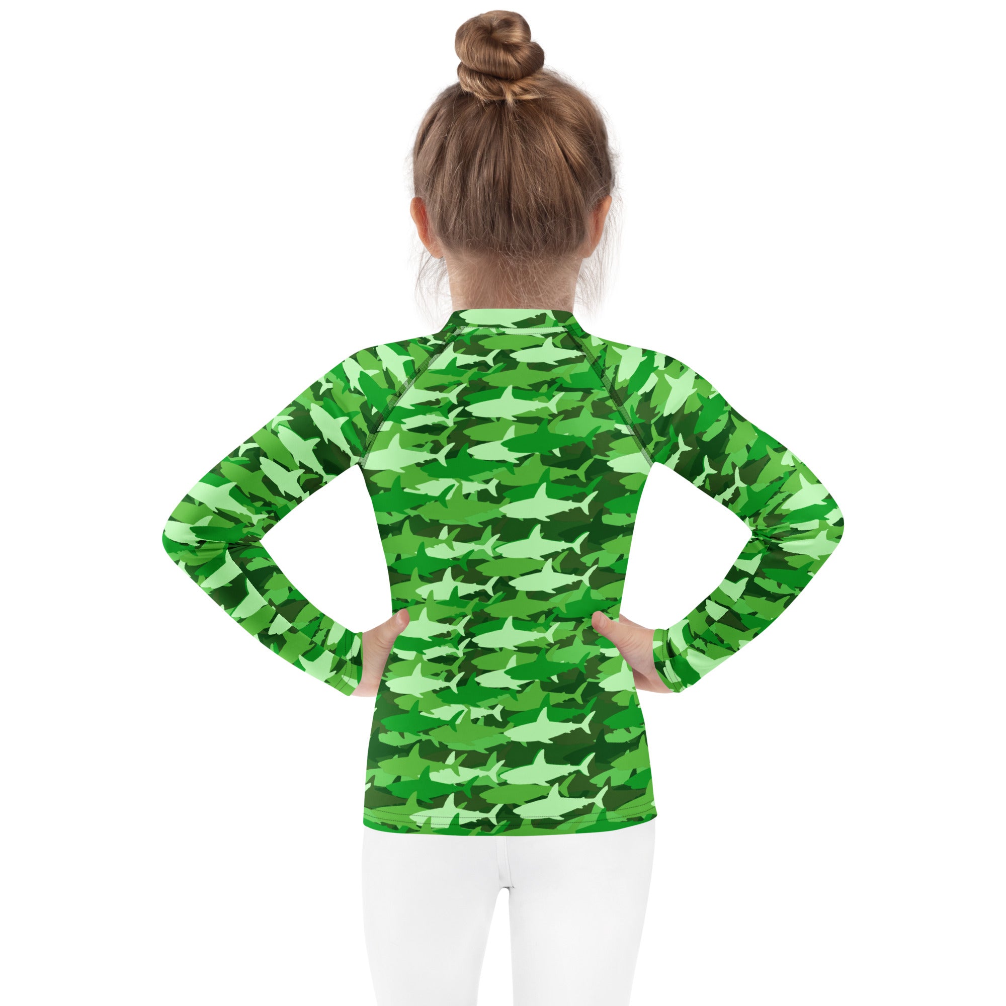 Kids green shark long sleeve rash guard swim shirt with UPF 50 plus for sun protection and water activities