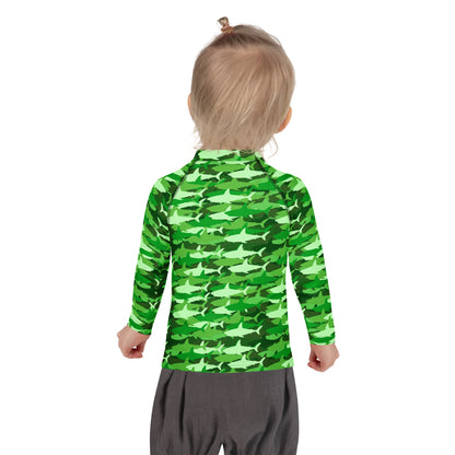 Kids Green Shark Long Sleeve Rash Guard Swim Shirt With UPF 50+