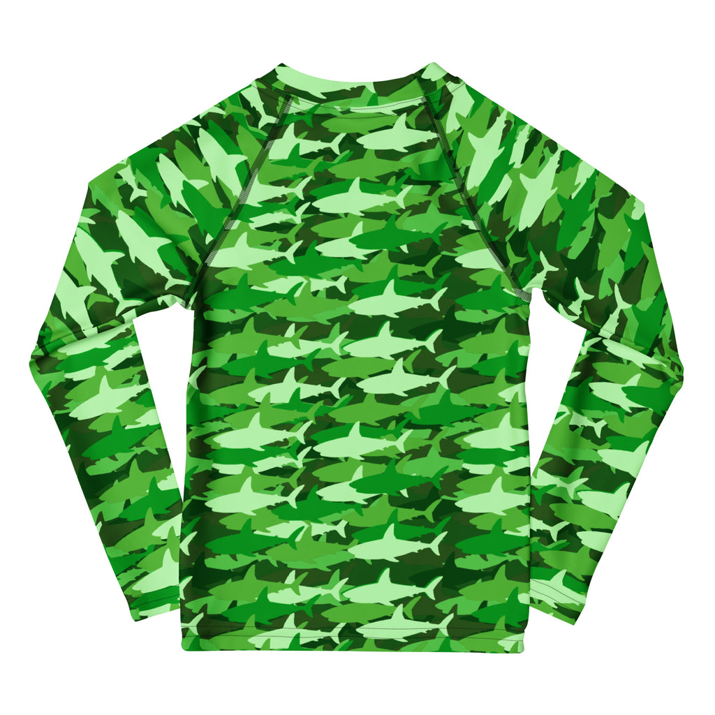 Kids green long sleeve rash guard swim shirt with vibrant shark camouflage pattern and UPF 50 plus sun protection
