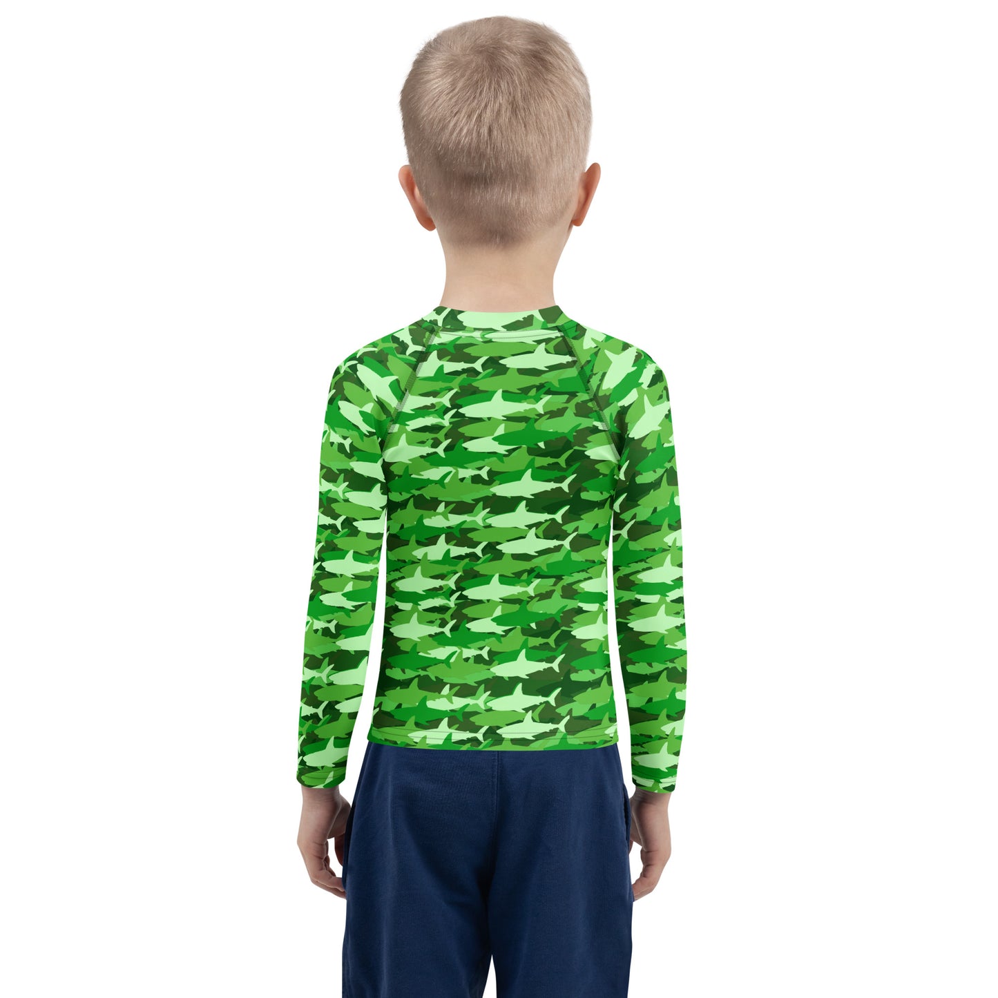 Kids Green Shark Long Sleeve Rash Guard Swim Shirt With UPF 50+