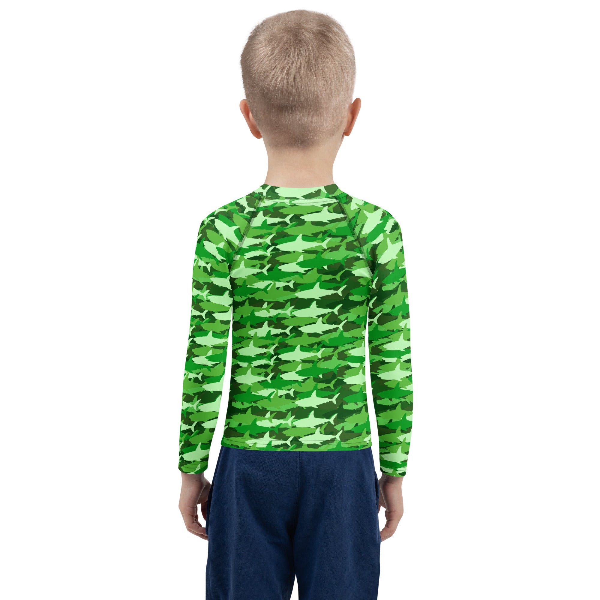 Kids green shark long sleeve rash guard swim shirt with upf 50 plus featuring shark camouflage pattern