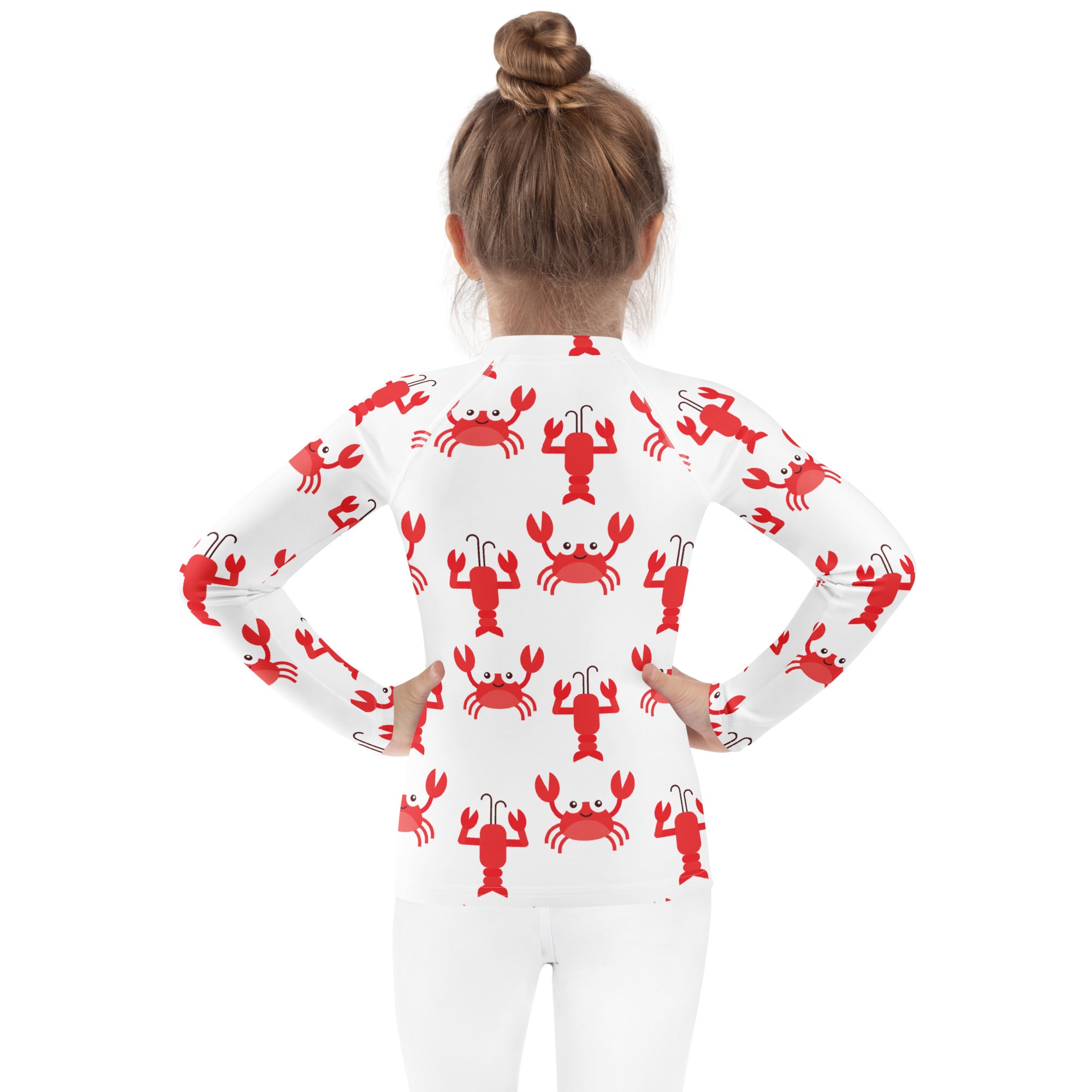 White long sleeve kids rash guard swim shirt with red cartoon lobster pattern and upf 50 plus protection