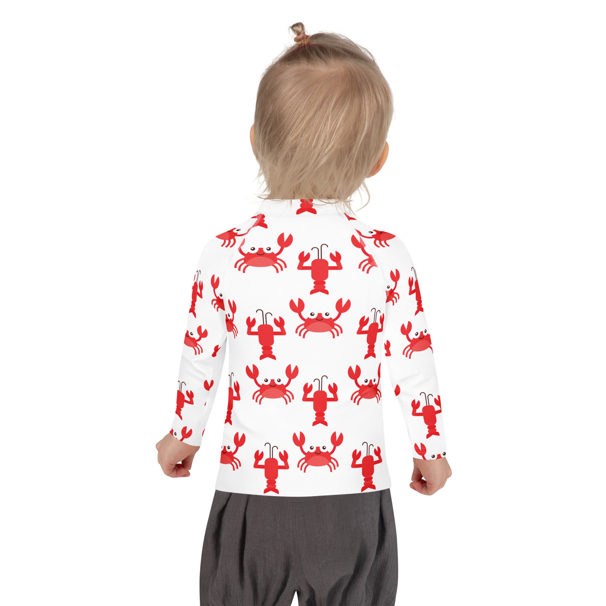 White long-sleeved kids rash guard swim shirt with red cartoon lobsters and UPF 50 plus sun protection