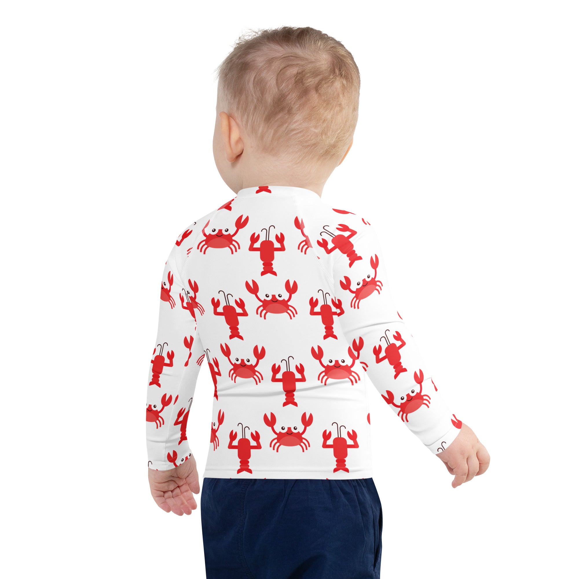 White long sleeve kids rash guard swim shirt with red cartoon lobster pattern and UPF 50 plus sun protection