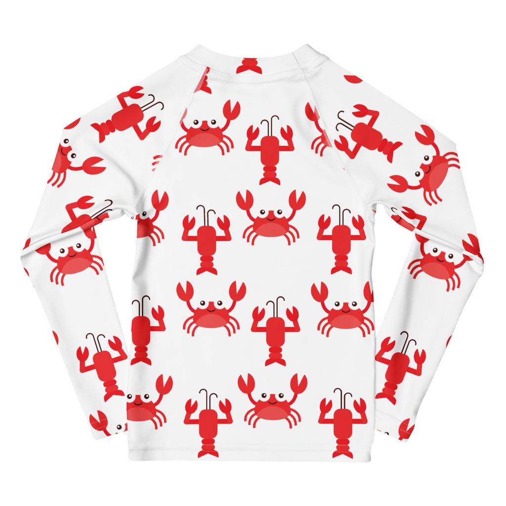 White long-sleeved kids rash guard swim shirt with playful red crab and lobster print and UPF 50 plus protection
