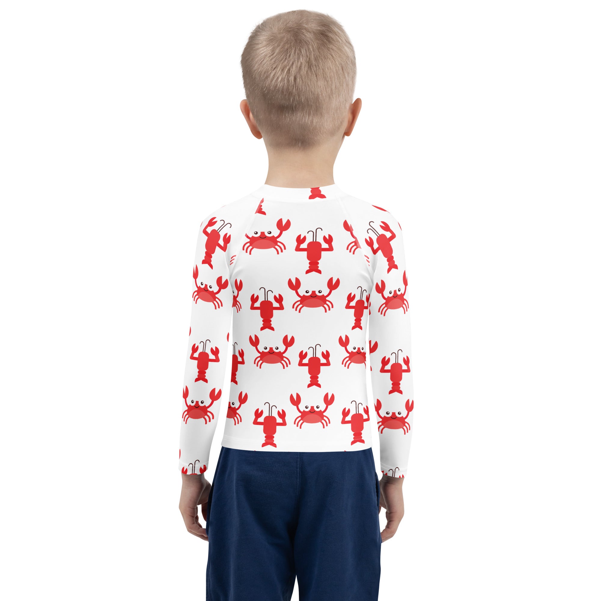 Kids red crab and lobster long sleeve rash guard swim shirt with UPF 50 plus white with red cartoon lobster pattern