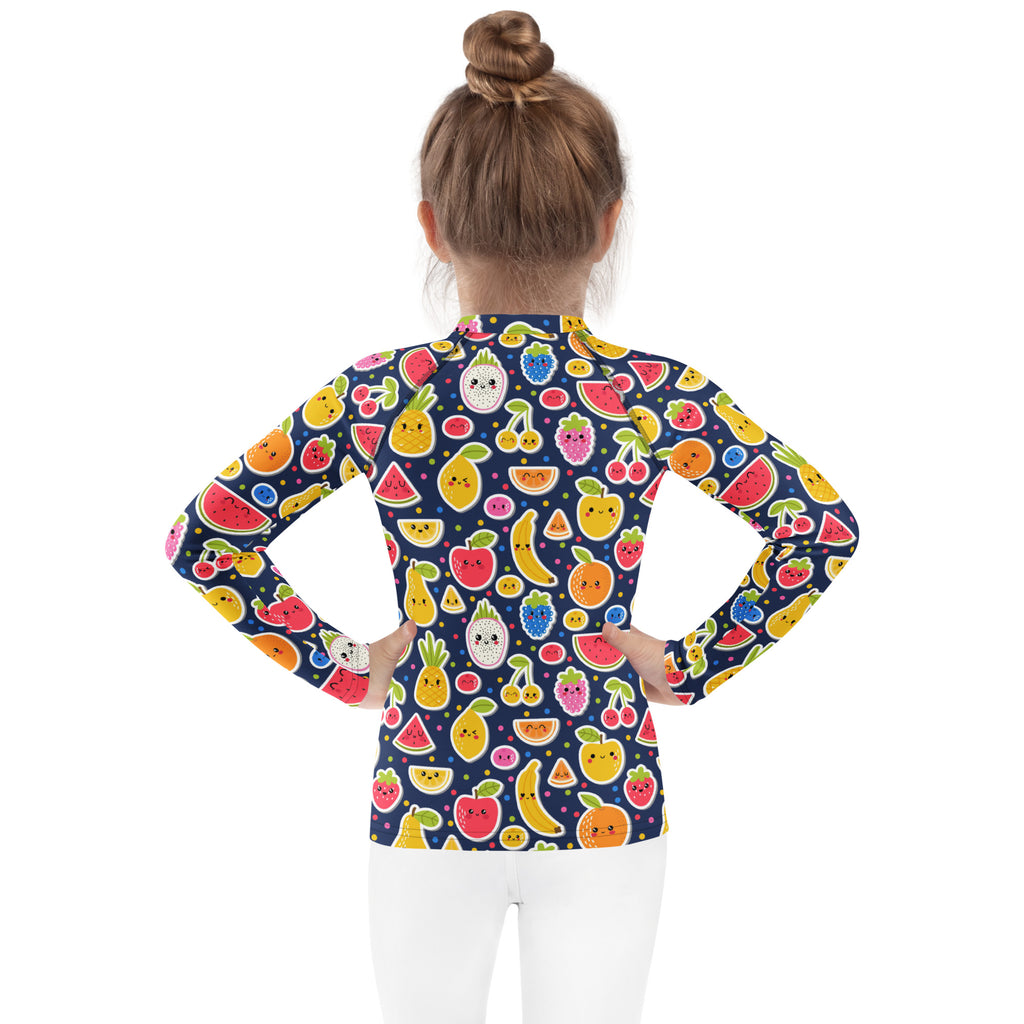 Kids emoji fruit long sleeve rash guard swim shirt in navy blue with colorful smiling cartoon fruit pattern and upf 50+