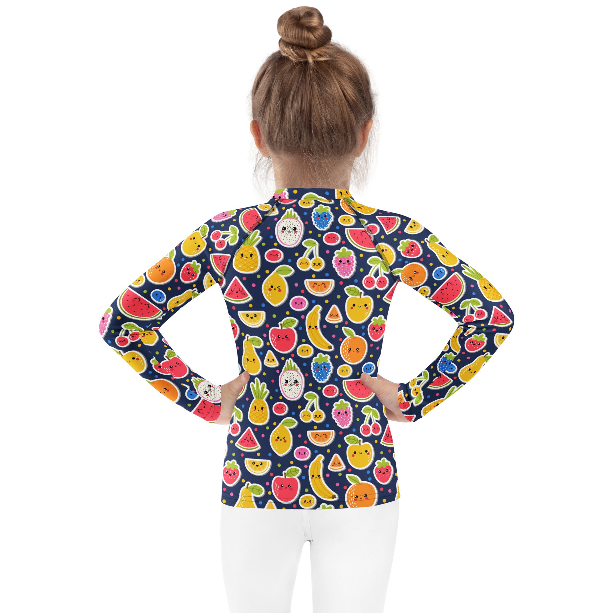 Kids emoji fruit long sleeve rash guard swim shirt in navy blue with colorful smiling cartoon fruit pattern and upf 50+