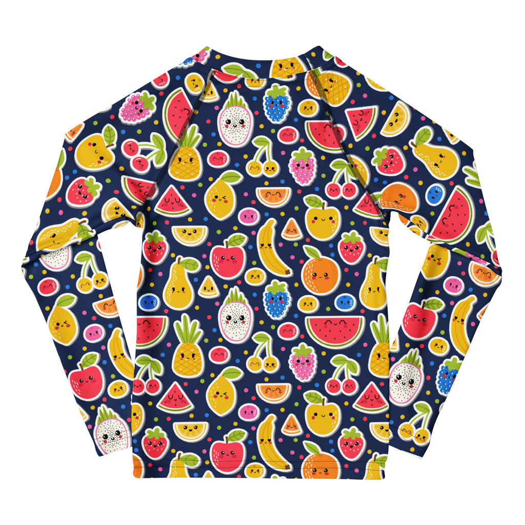 A navy blue kids long sleeve rash guard with colorful cartoon fruit pattern and UPF 50 plus sun protection