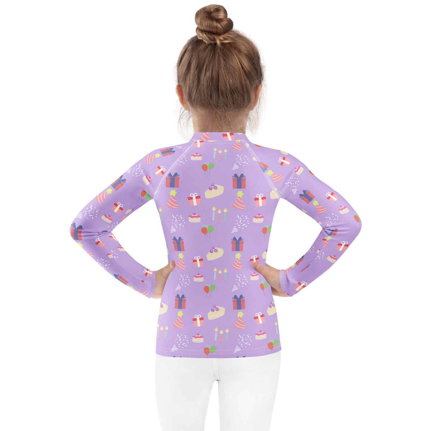 Girls Purple Birthday Pattern Long Sleeve Rash Guard Swim Shirt With UPF 50+