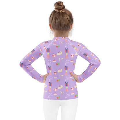 Girls Purple Birthday Pattern Long Sleeve Rash Guard Swim Shirt With UPF 50+