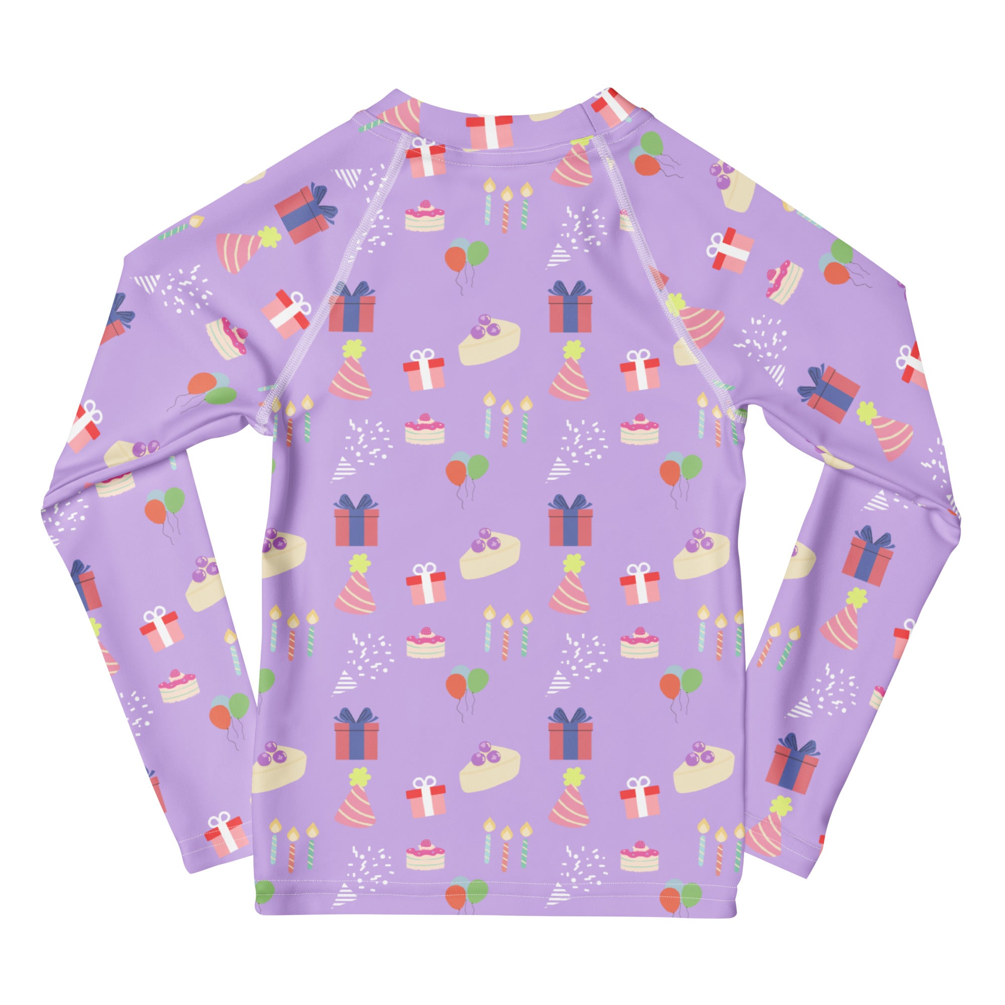 Girls purple long sleeve rash guard swim shirt with birthday pattern cakes presents hats candles and UPF 50 plus protection
