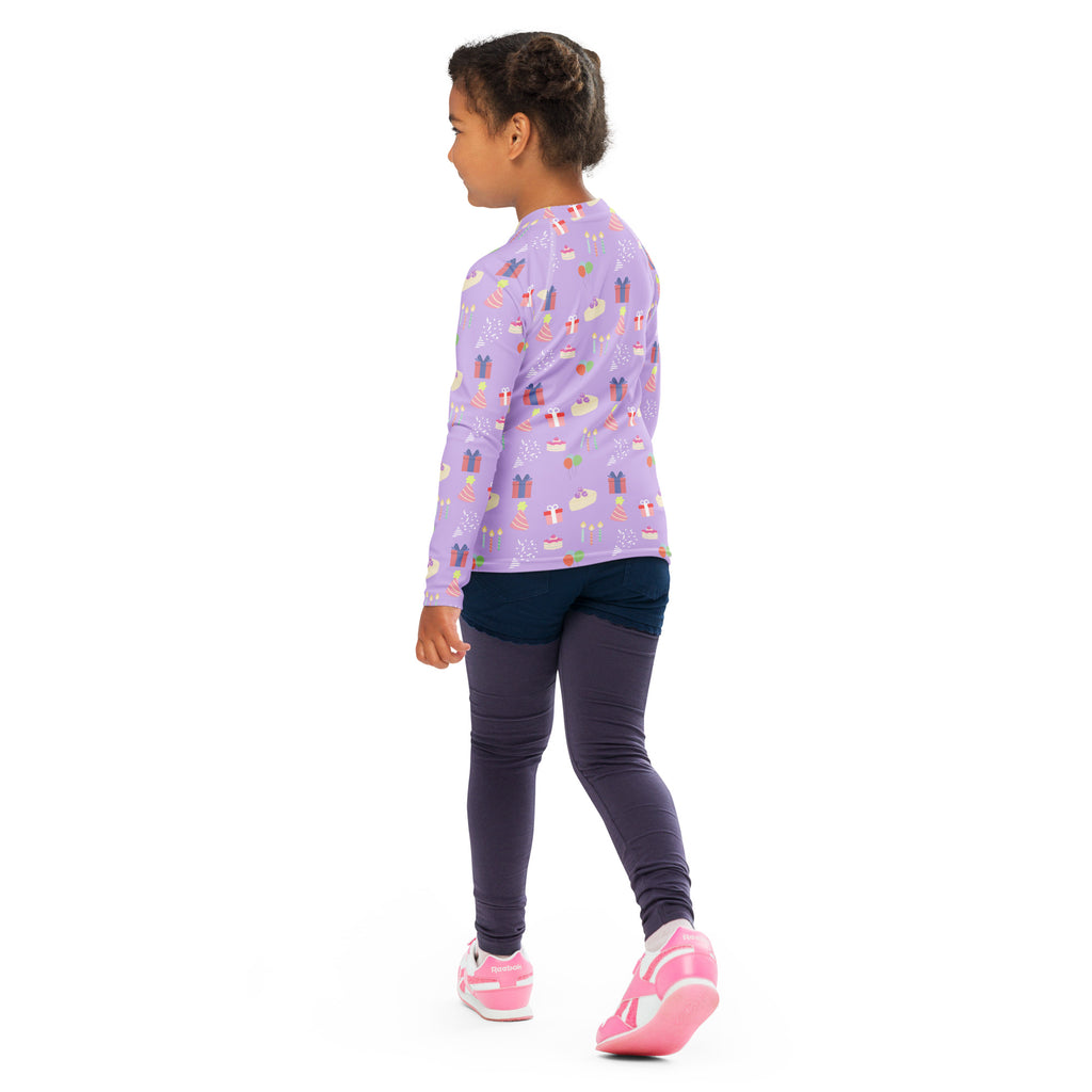 Girls purple long sleeve rash guard swim shirt with birthday pattern and upf 50 plus sun protection