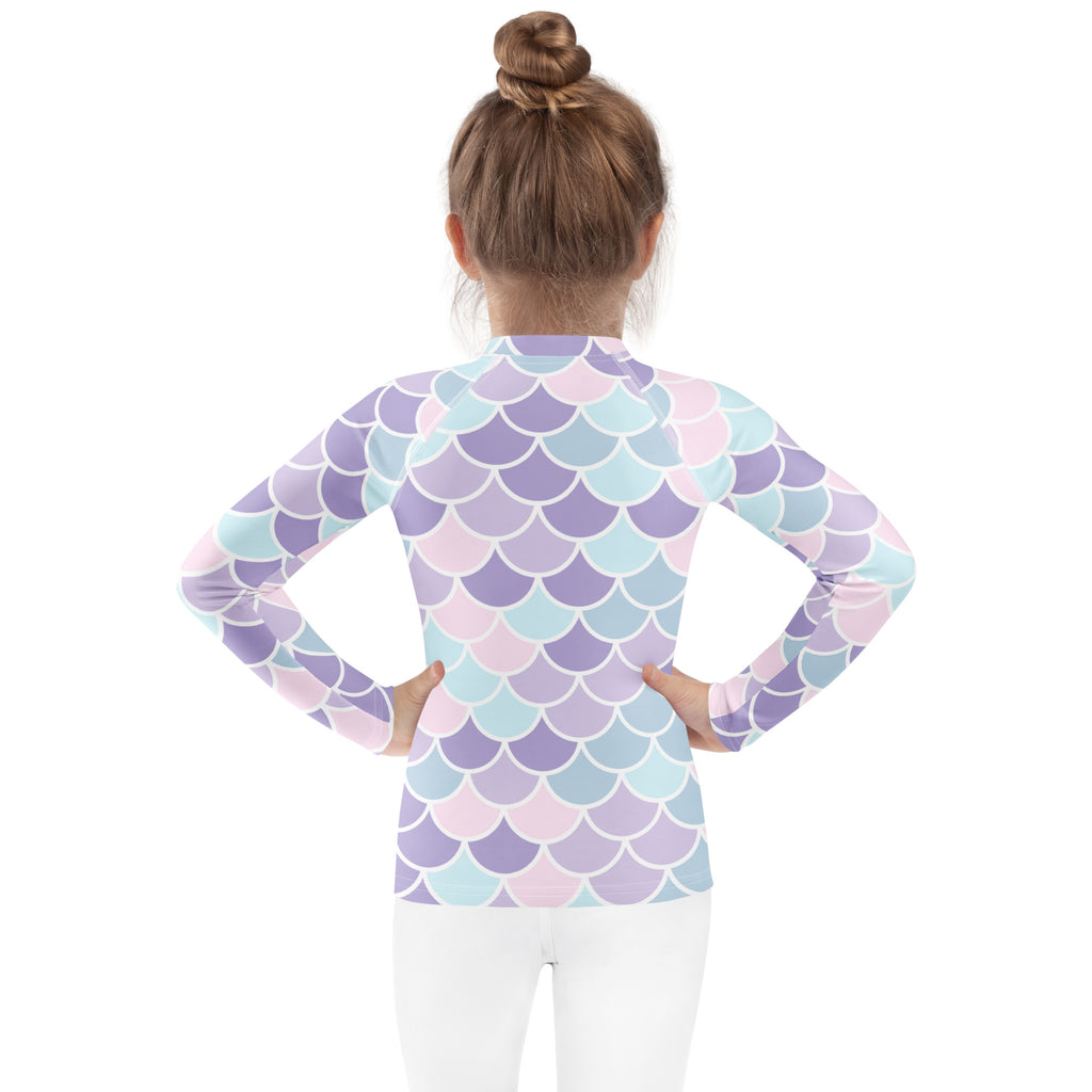 Girls mermaid scale long sleeve rash guard swim shirt with upf 50 plus in pastel lavender mint green and blush pink mermaid pattern