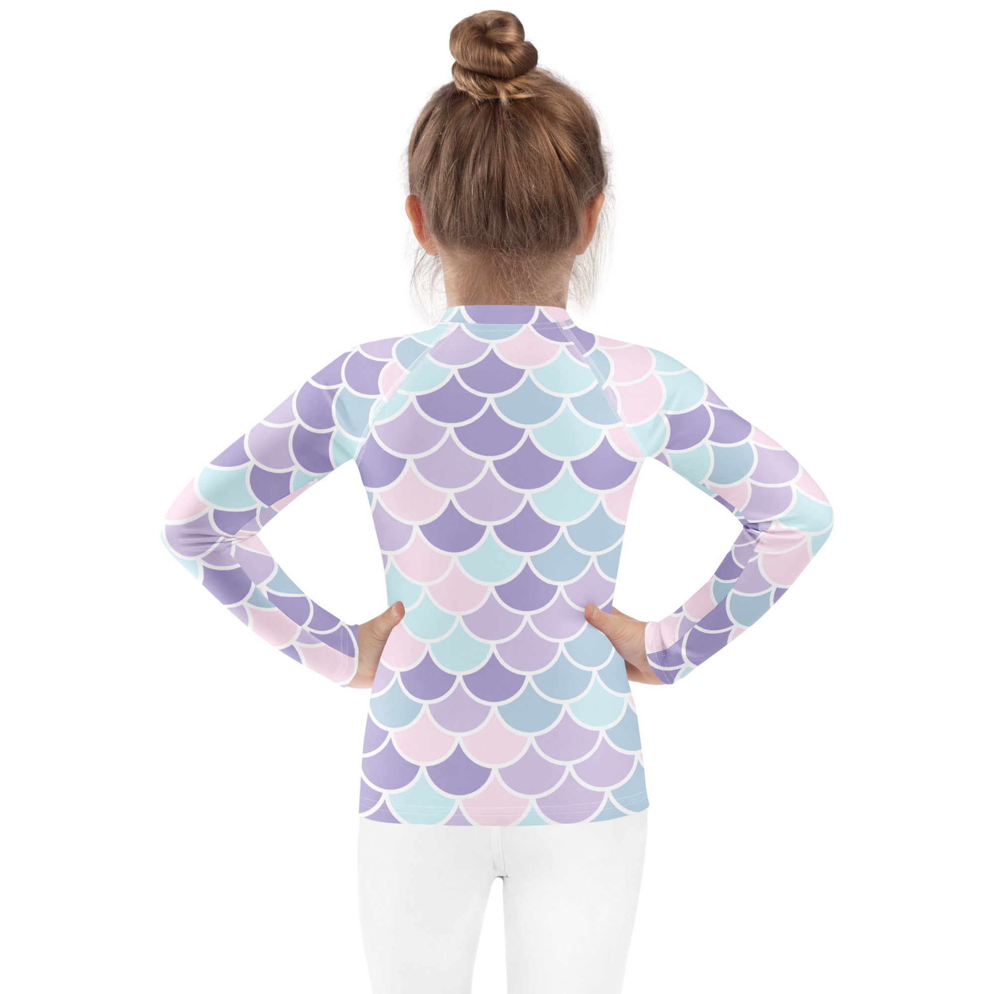 Girls mermaid scale long sleeve rash guard swim shirt with upf 50 plus in pastel lavender mint green and blush pink mermaid pattern