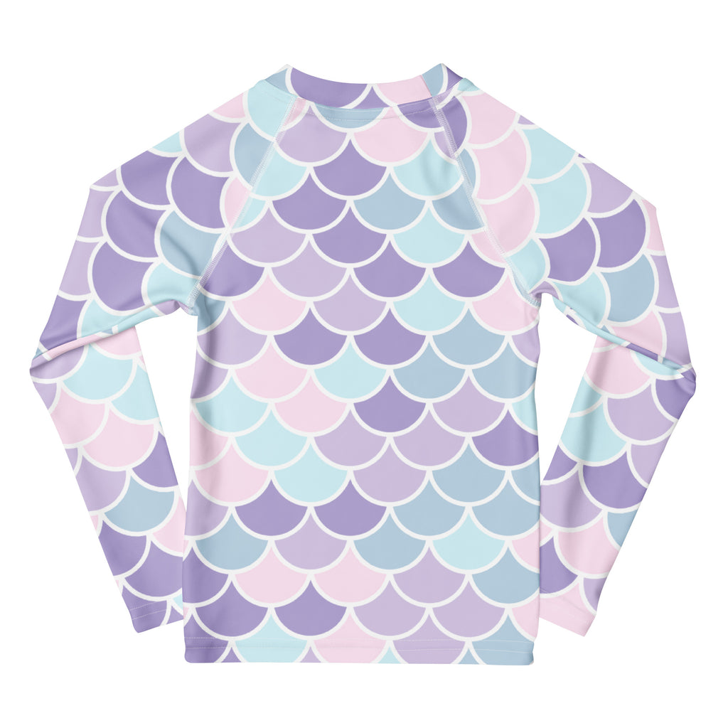 Girls mermaid scale long sleeve rash guard swim shirt with upf 50 plus featuring pastel lavender blue and pink scales