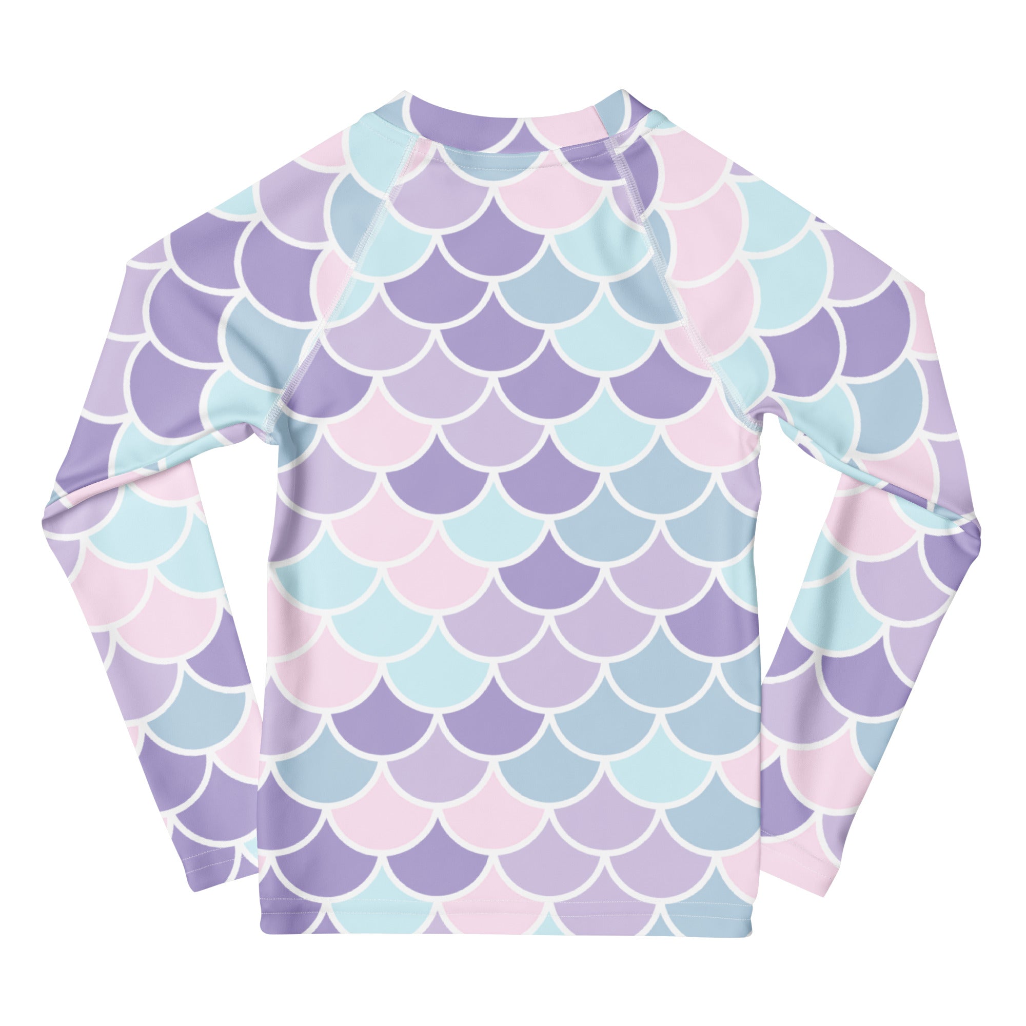 Girls mermaid scale long sleeve rash guard swim shirt with upf 50 plus featuring pastel lavender blue and pink scales