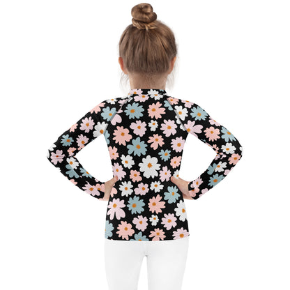 Girls Flower Scale Long Sleeve Rash Guard Swim Shirt With UPF 50+