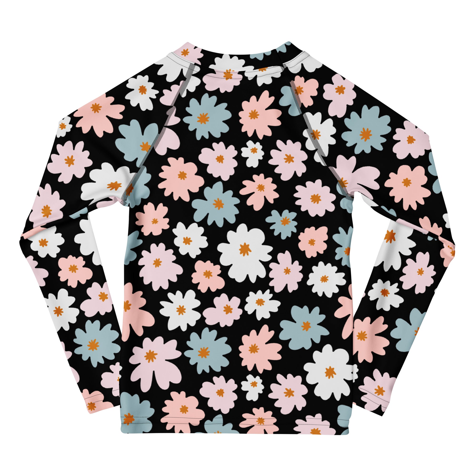 Black girls long sleeve rash guard with vibrant pink white and blue flower pattern and UPF 50 plus sun protection