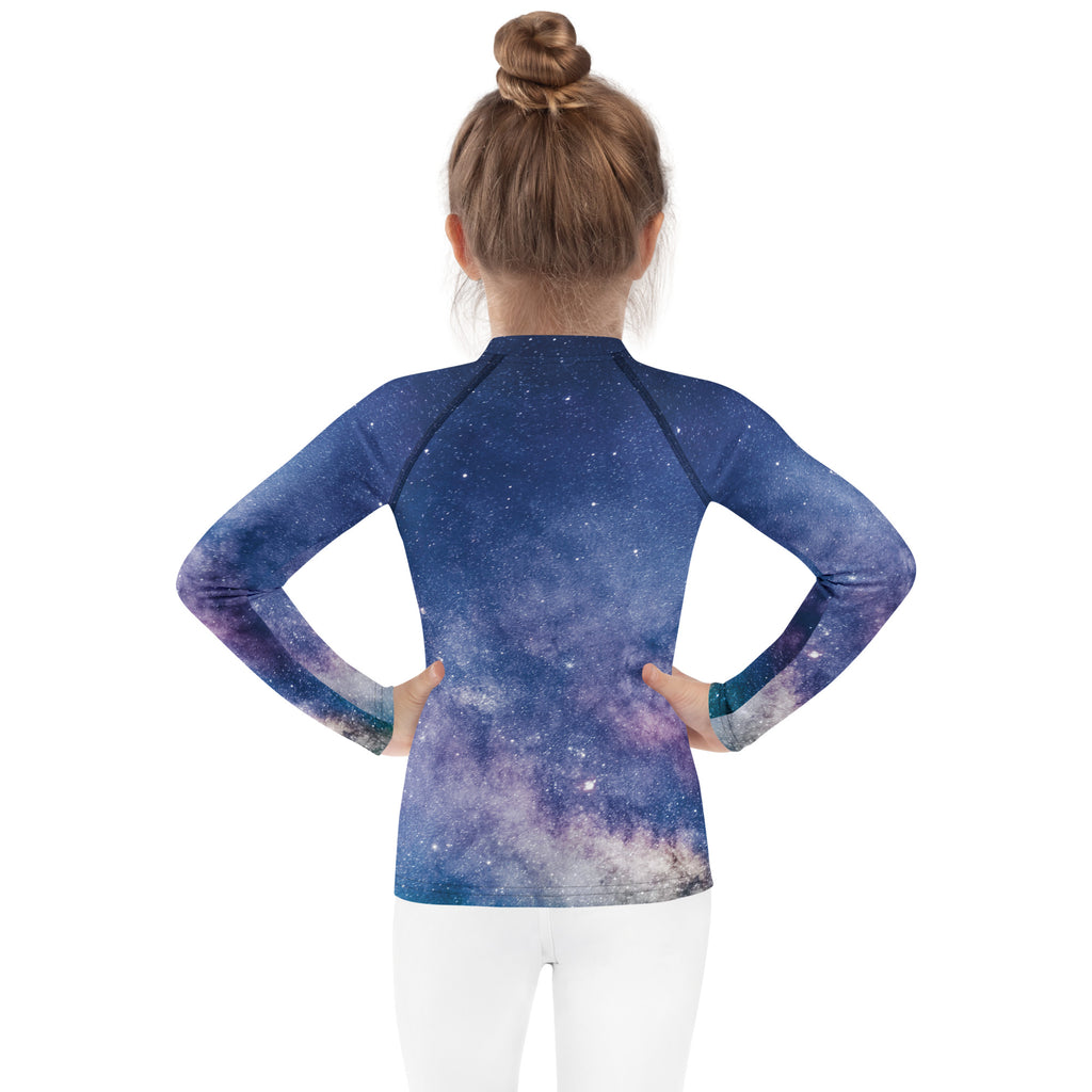 Kids realistic galaxy long sleeve rash guard swim shirt with upf 50 plus featuring vibrant blue purple star print