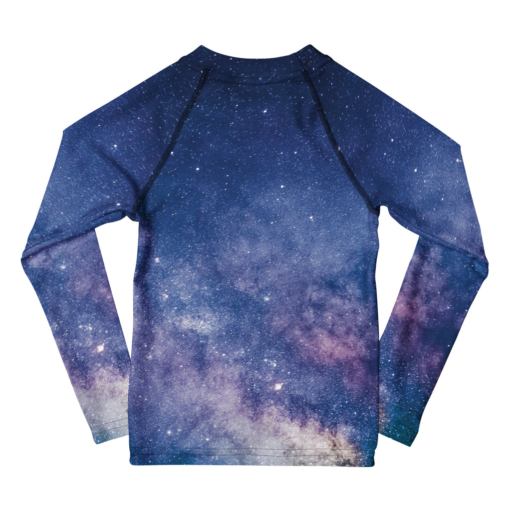 Kids realistic galaxy long sleeve rash guard swim shirt in vibrant cosmic nebula print with upf 50+ protection