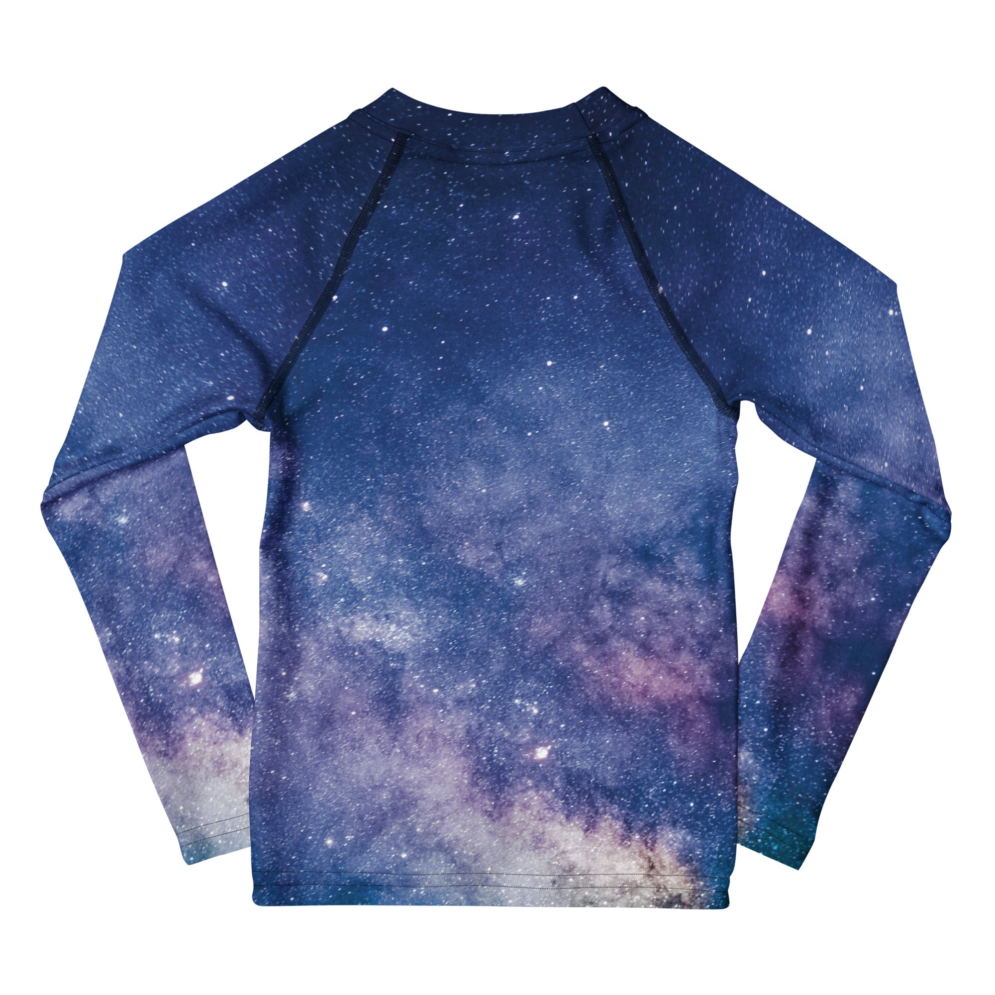 Kids realistic galaxy long sleeve rash guard swim shirt in vibrant cosmic nebula print with upf 50+ protection