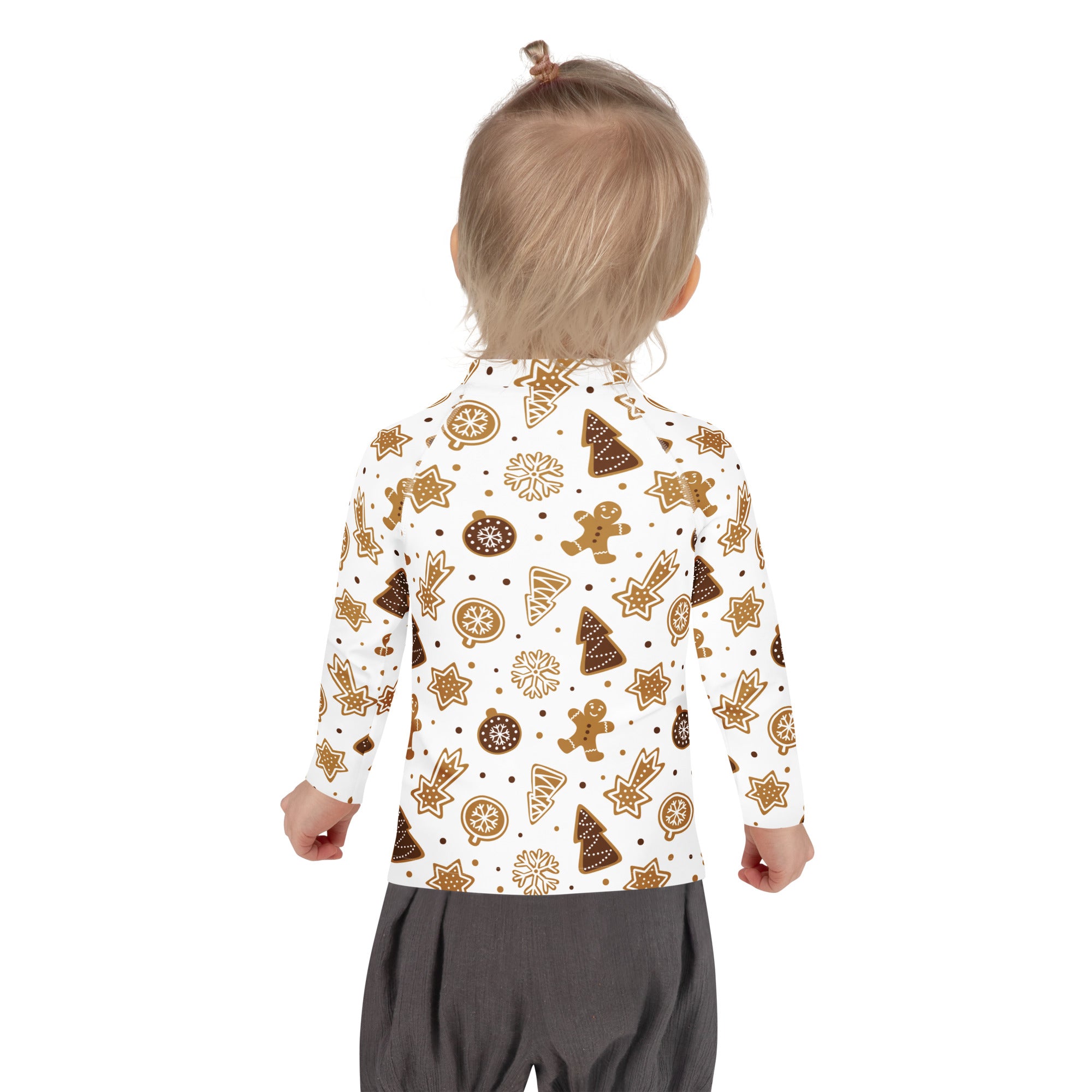 White long sleeve kids rash guard swim shirt with gingerbread cookie pattern and upf 50 plus protection
