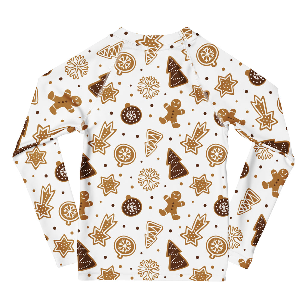 Kids gingerbread cookies christmas long sleeve rash guard swim shirt with upf 50 white festive cookie pattern