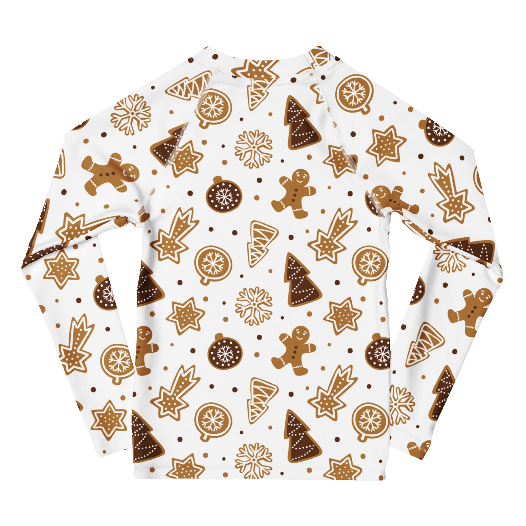 Kids gingerbread cookies christmas long sleeve rash guard swim shirt with upf 50 white festive cookie pattern
