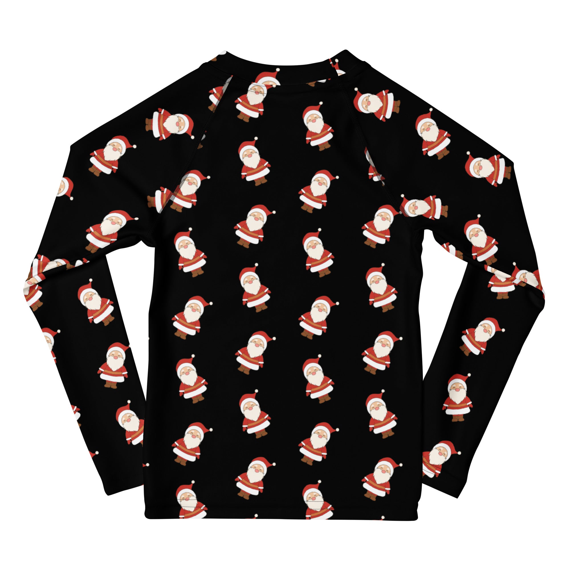 Black kids santa claus christmas long sleeve rash guard swim shirt with repeating cartoon santas and upf 50+