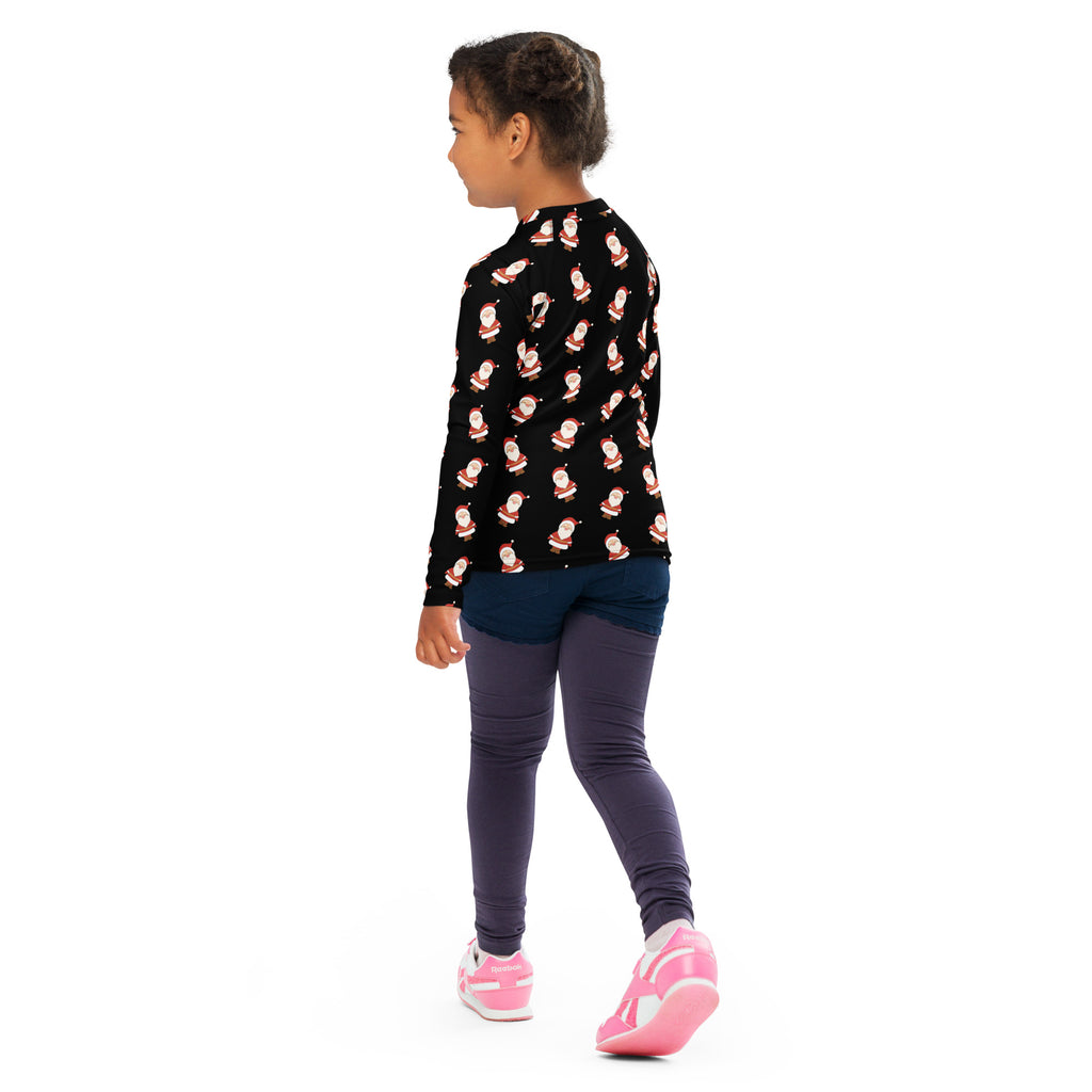 Black kids long sleeve rash guard swim shirt with cartoon santa pattern red white and upf 50 plus protection