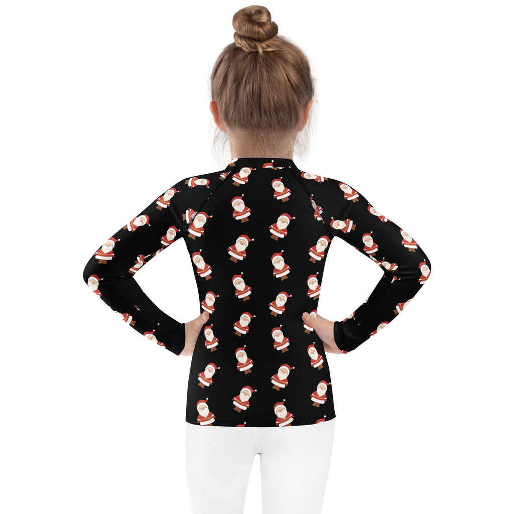 Black long-sleeved rash guard swim shirt for kids with cartoon santa pattern and upf 50+ sun protection
