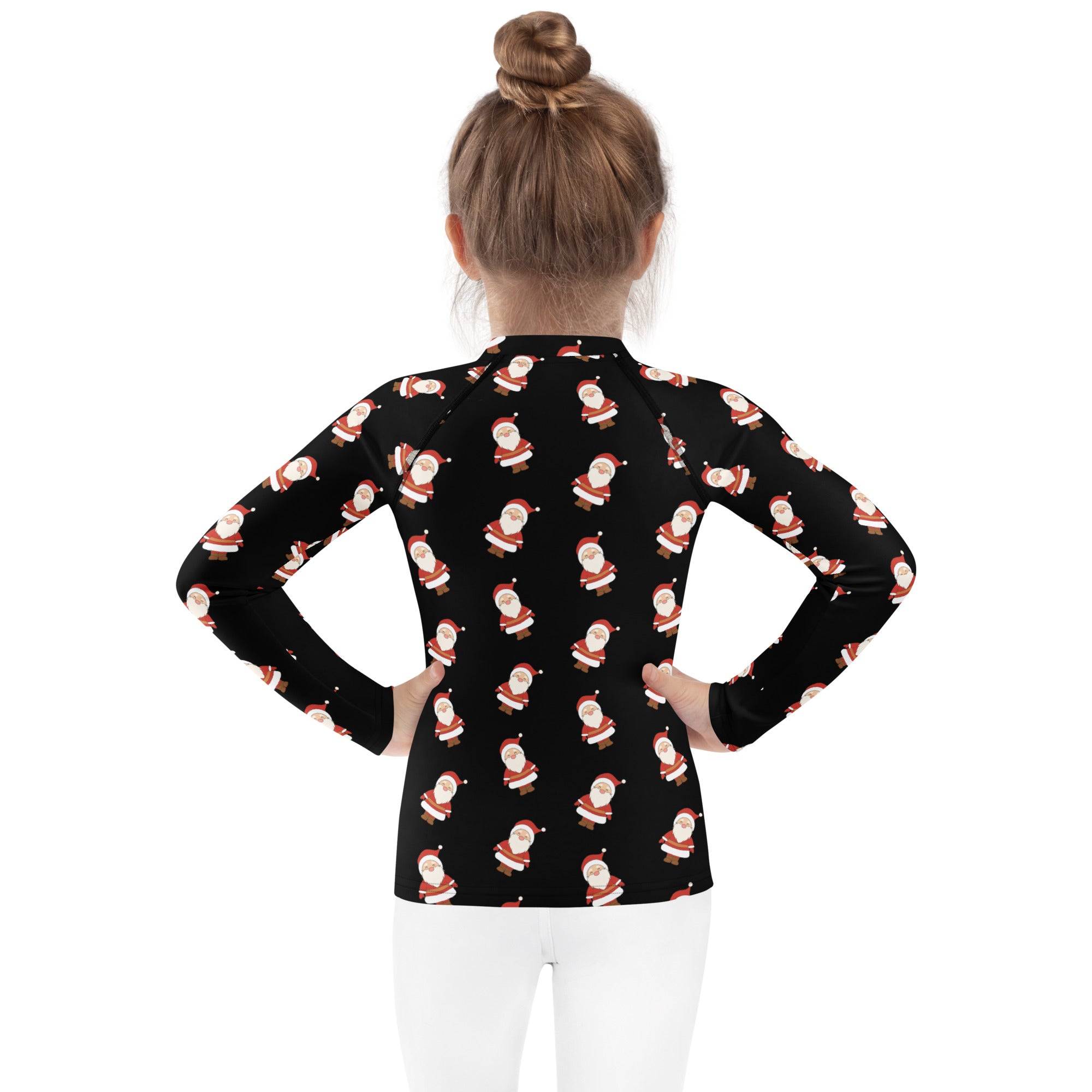 Black long-sleeved rash guard swim shirt for kids with cartoon santa pattern and upf 50+ sun protection