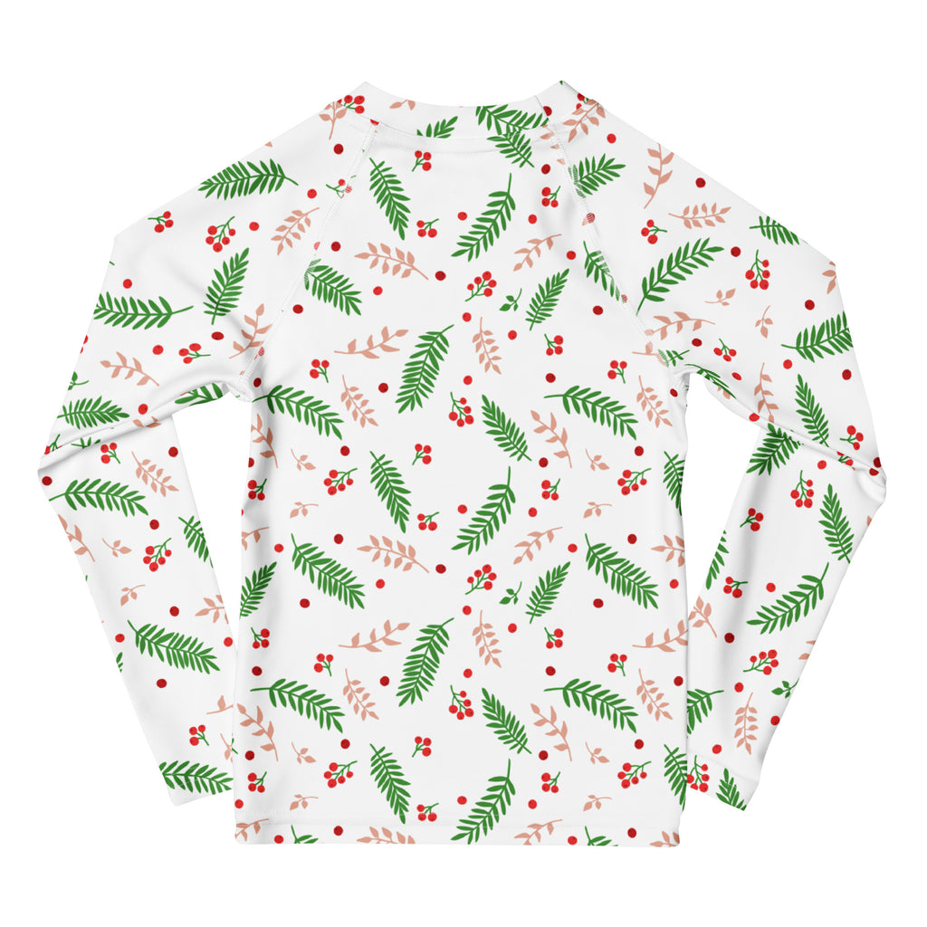 White long-sleeved kids rash guard with holly evergreen pattern red berries and upf 50 plus sun protection