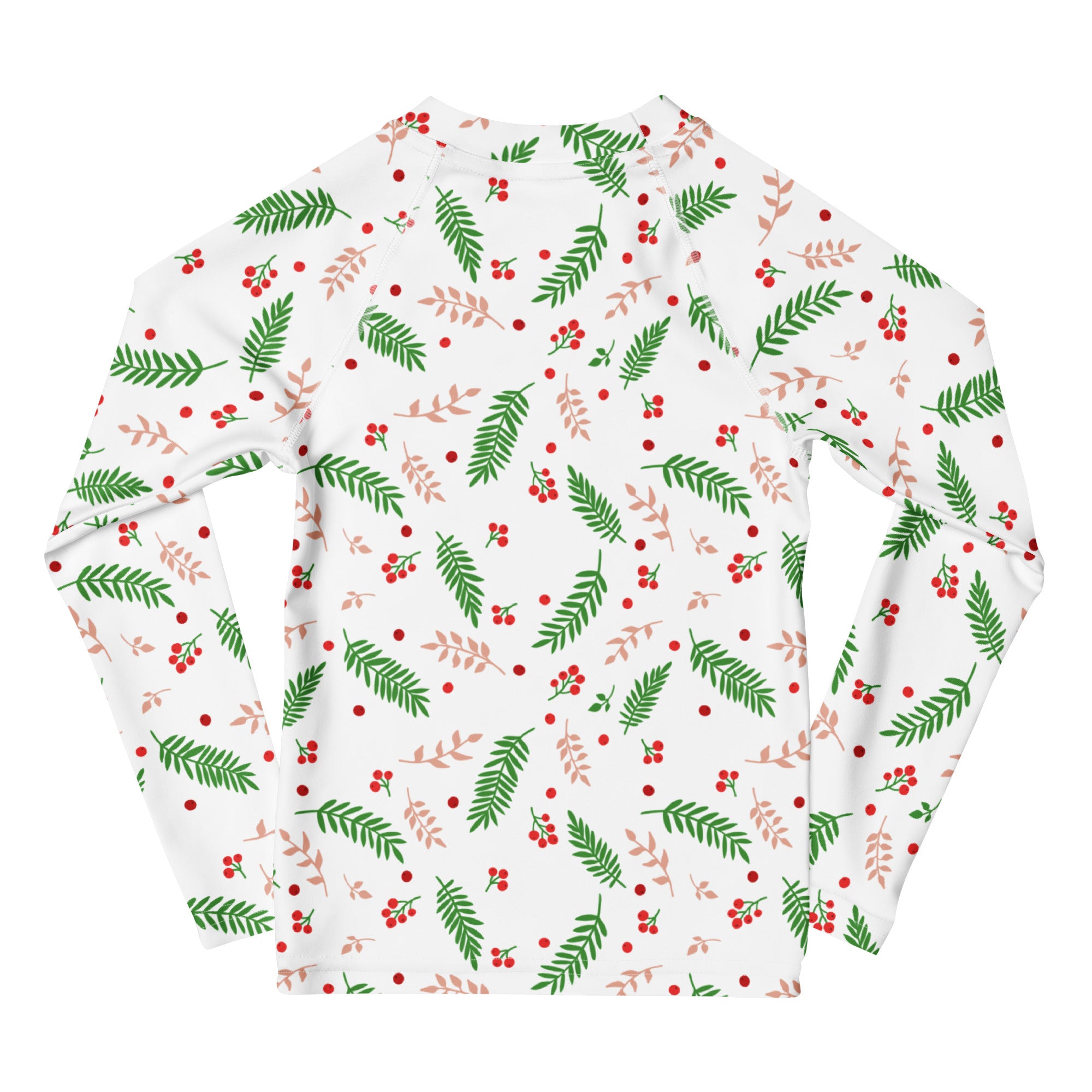 White long-sleeved kids rash guard with holly evergreen pattern red berries and upf 50 plus sun protection