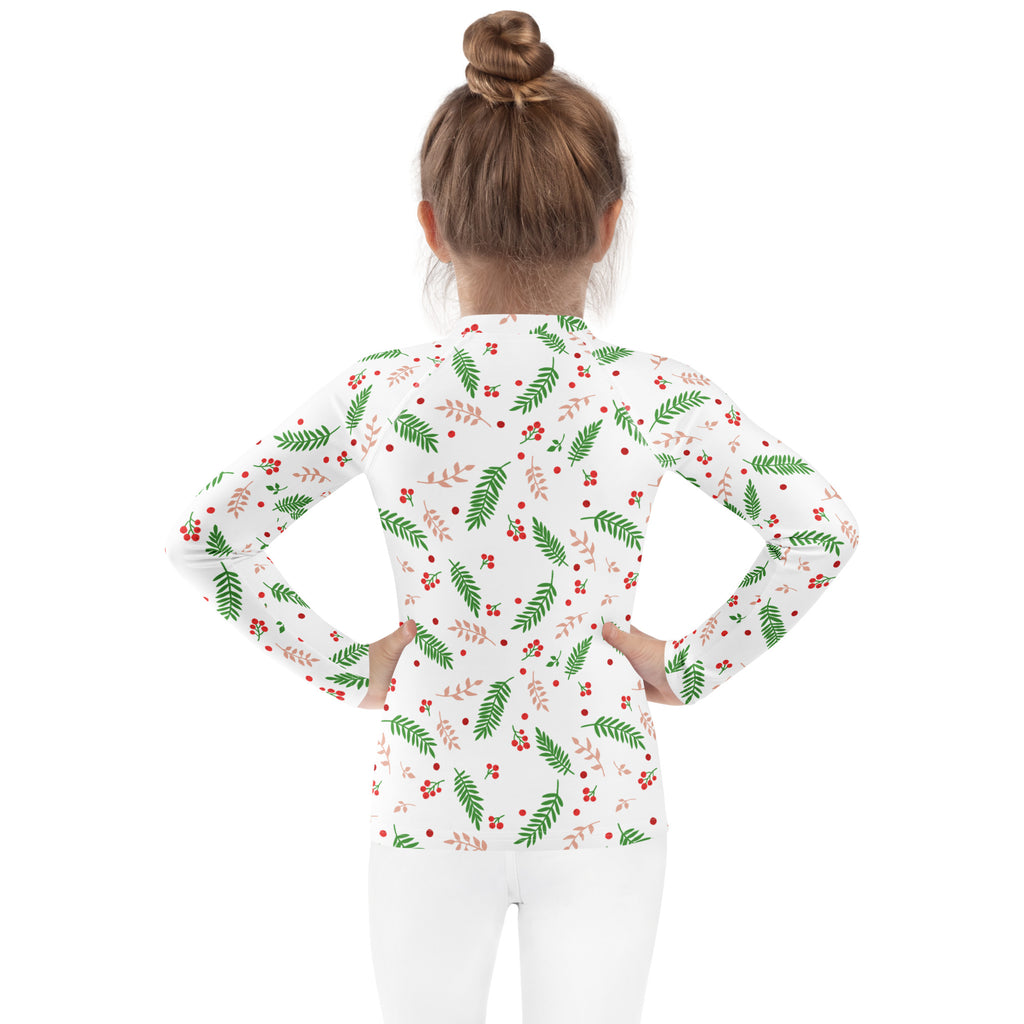 Kids holly and evergreen christmas long sleeve rash guard swim shirt with upf 50 plus featuring green leaves and red berries