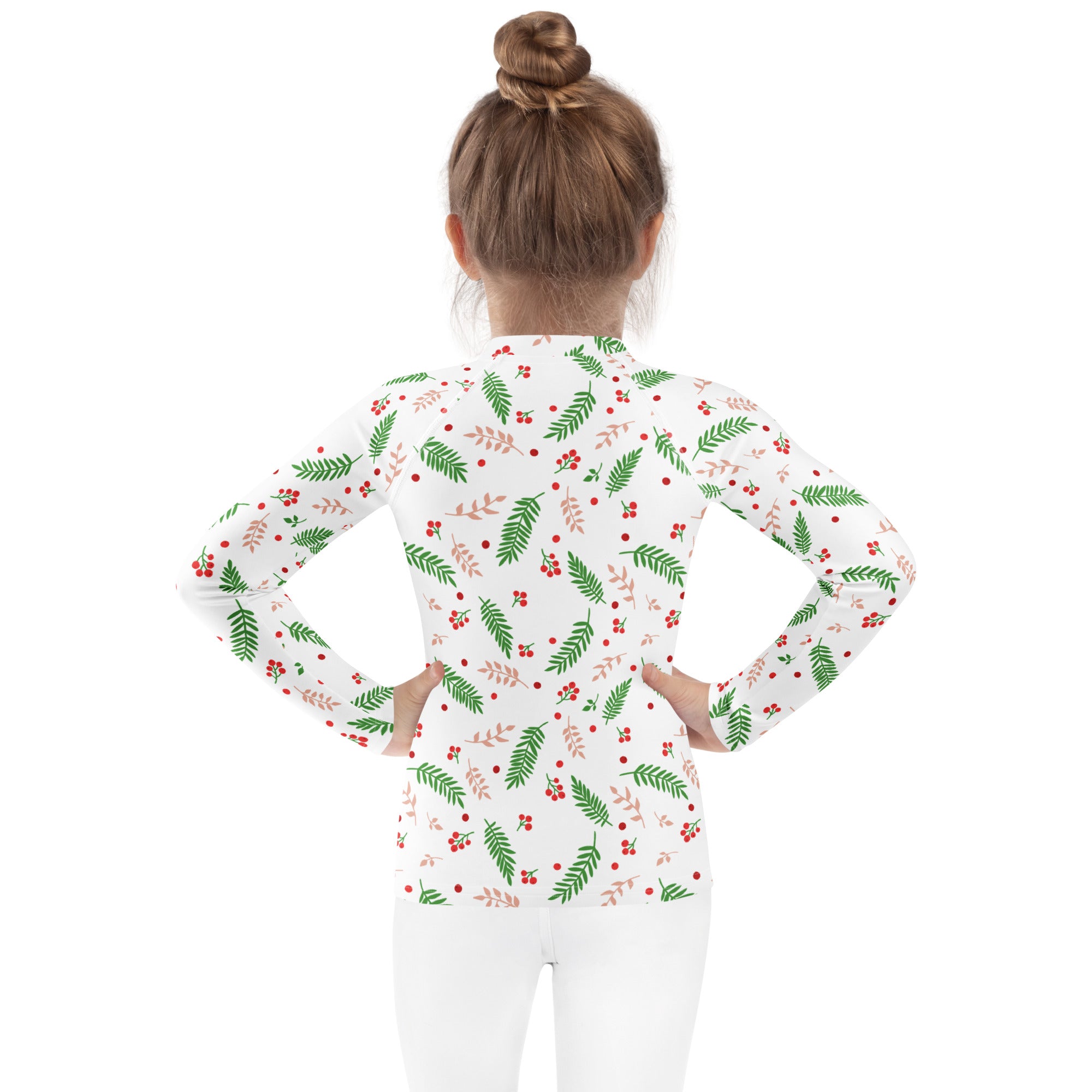 Kids holly and evergreen christmas long sleeve rash guard swim shirt with upf 50 plus featuring green leaves and red berries