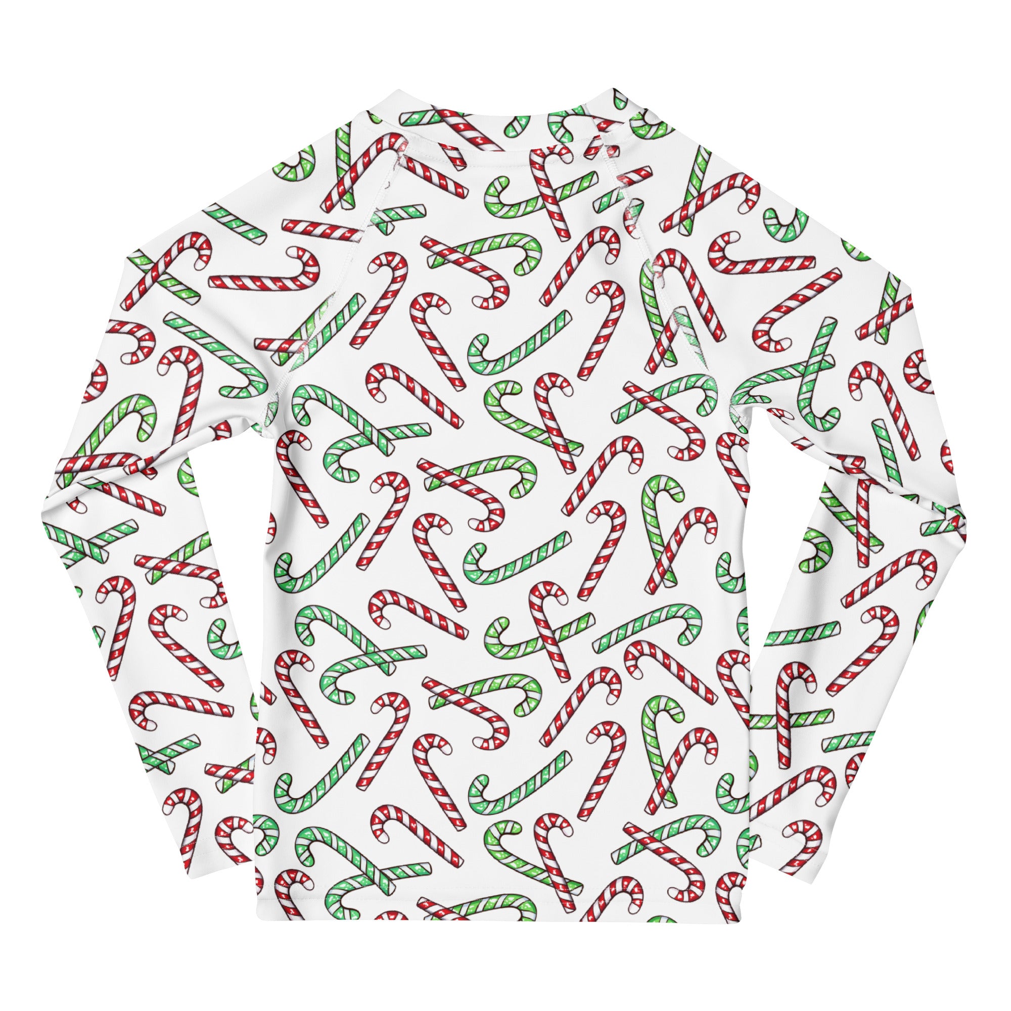 Kids Red & Green Candy Cane Christmas Long Sleeve Rash Guard Swim Shirt With UPF 50+