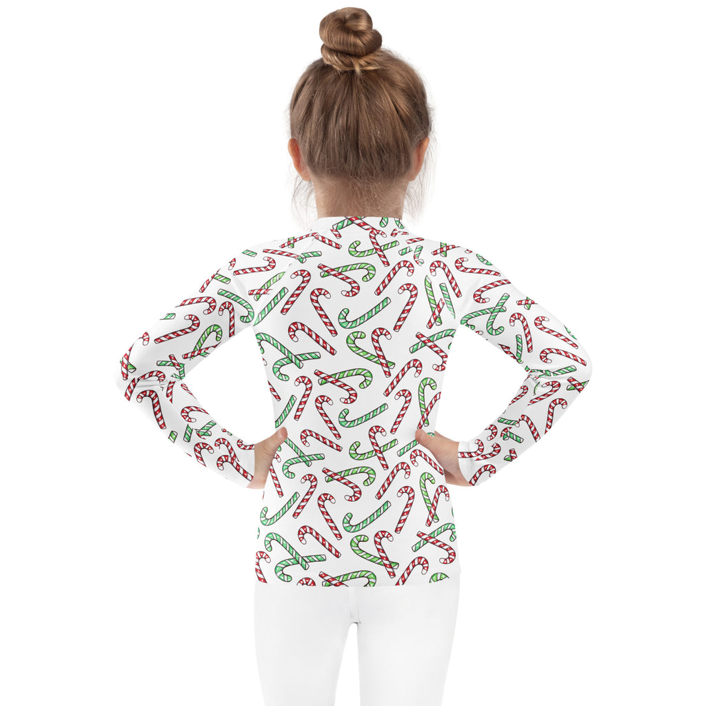 Kids Red & Green Candy Cane Christmas Long Sleeve Rash Guard Swim Shirt With UPF 50+