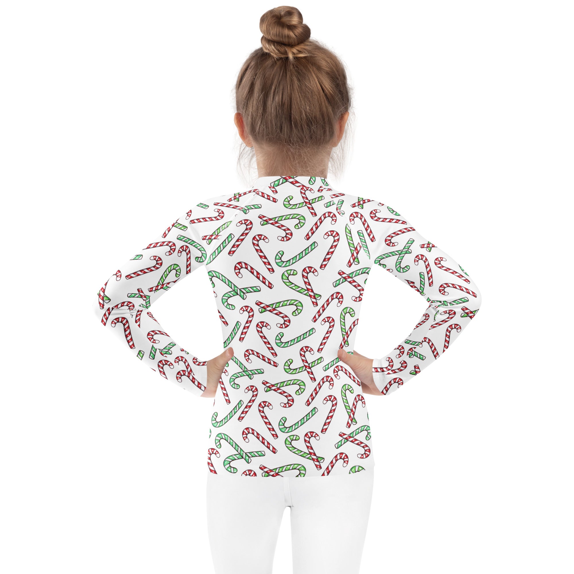 Kids Red & Green Candy Cane Christmas Long Sleeve Rash Guard Swim Shirt With UPF 50+