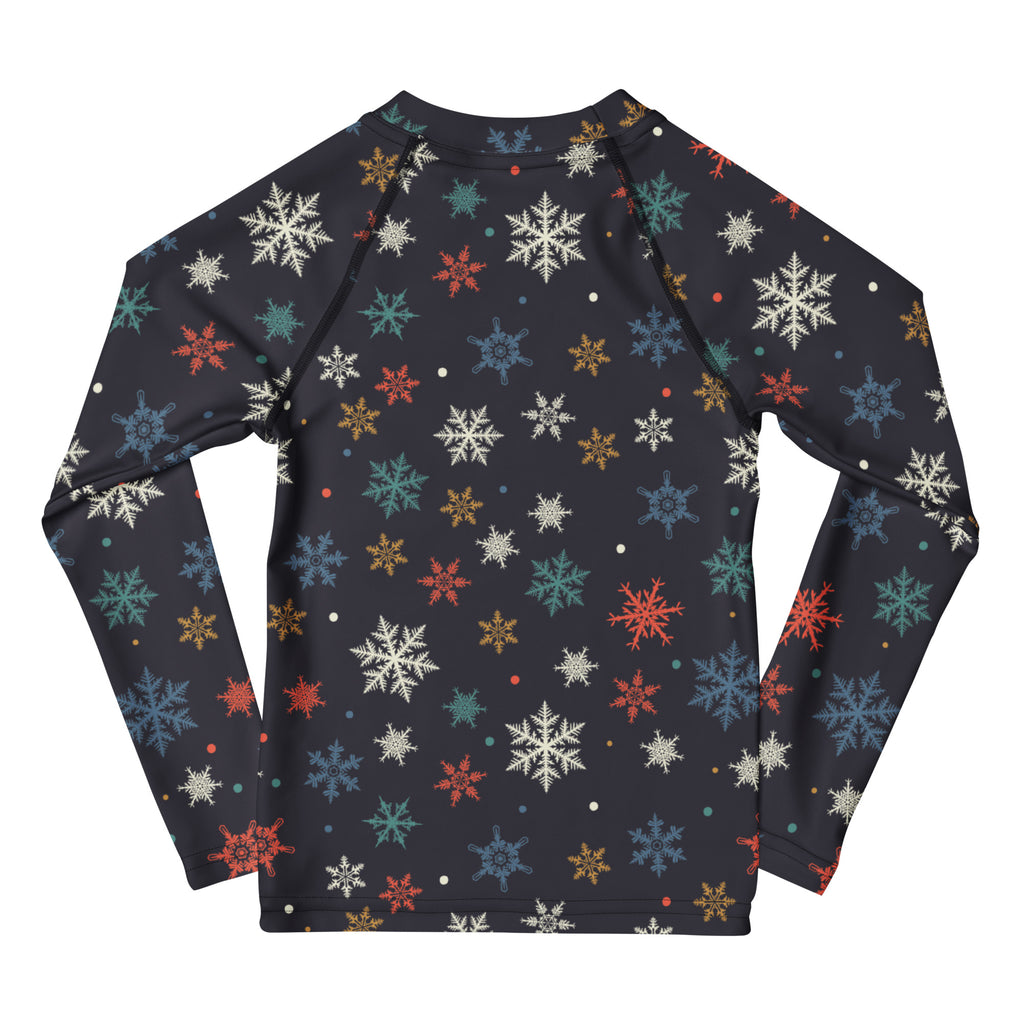 Kids colorful snowflakes long sleeve rash guard swim shirt with upf 50 plus in black with vibrant multicolored snowflakes