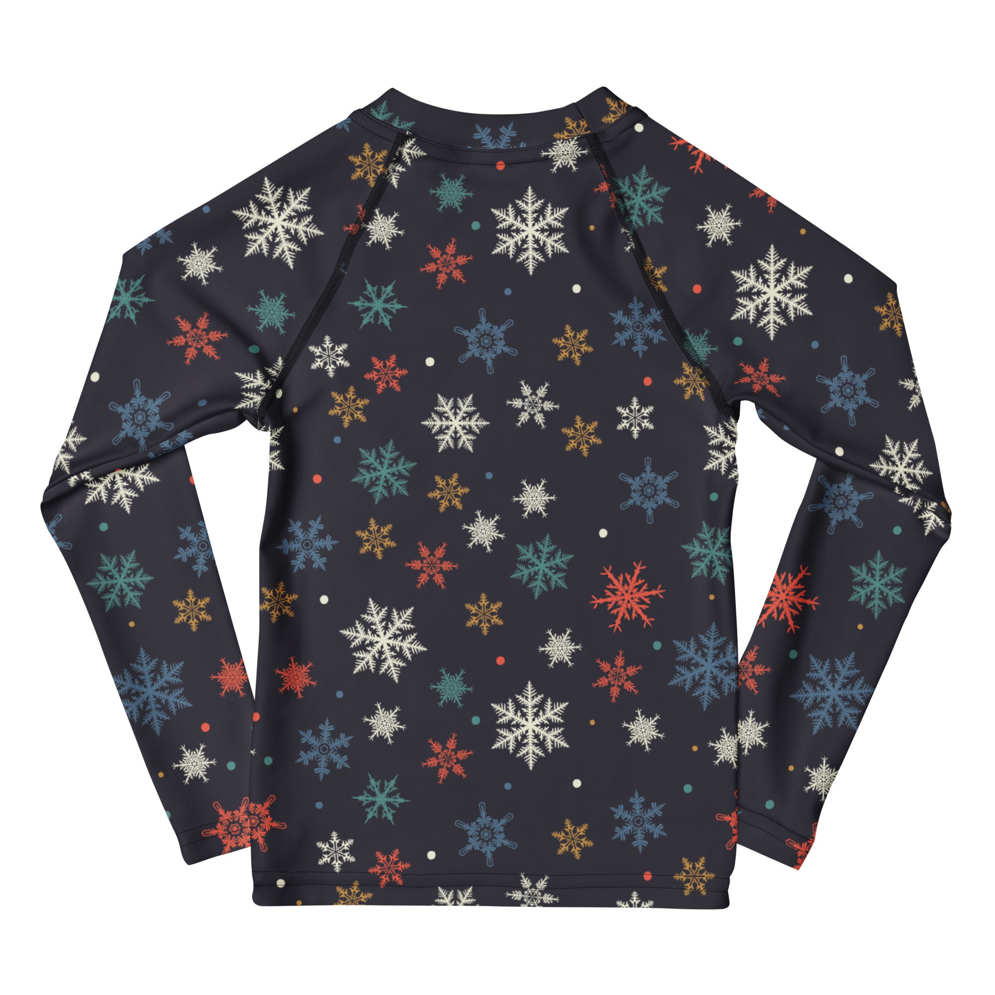 Kids colorful snowflakes long sleeve rash guard swim shirt with upf 50 plus in black with vibrant multicolored snowflakes