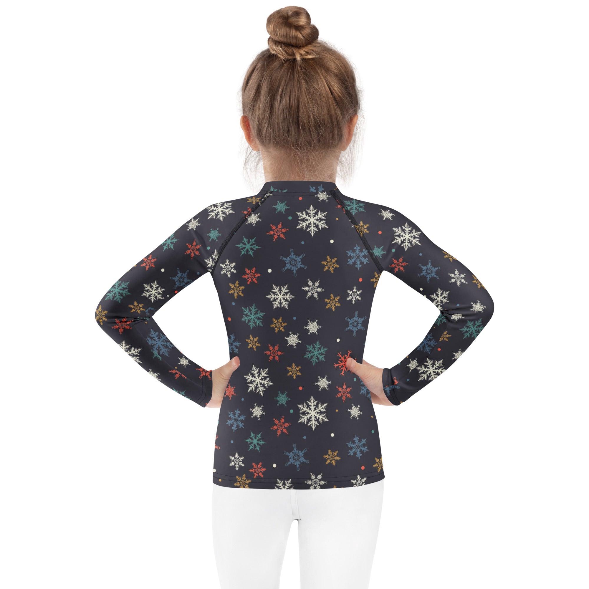 Black kids long sleeve rash guard swim shirt with colorful snowflake pattern and upf 50 plus sun protection