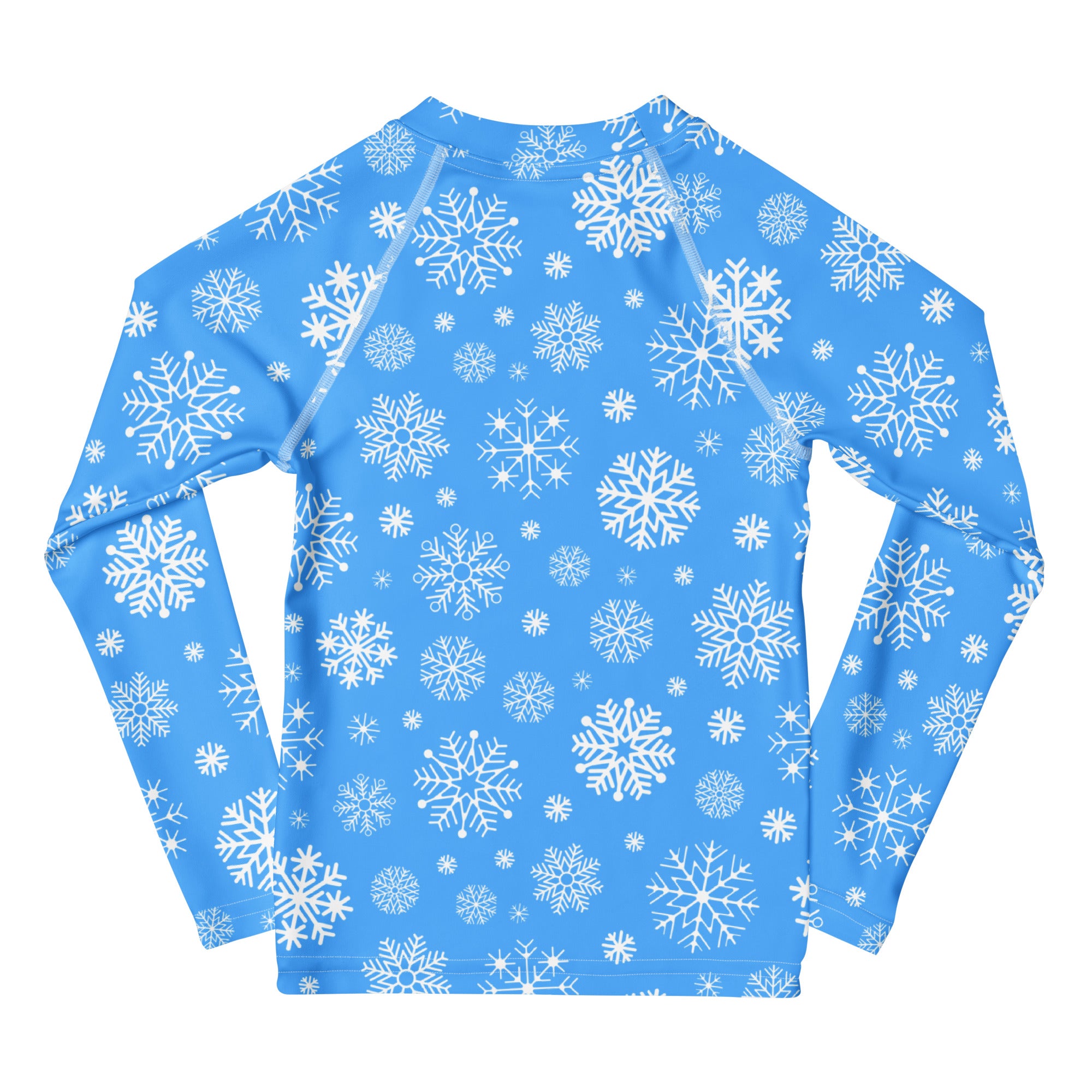 Kids blue long sleeve rash guard swim shirt with white snowflake pattern and upf 50 plus sun protection