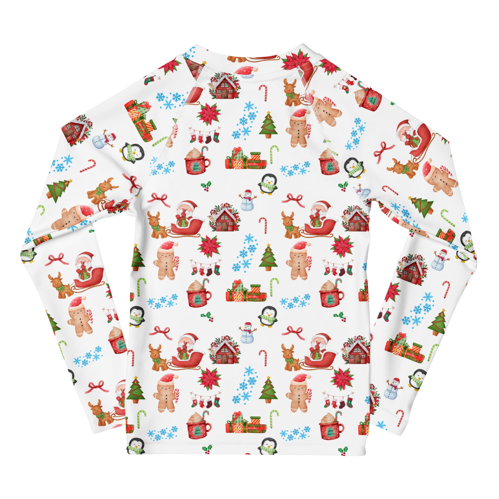 Kids christmas long sleeve rash guard swim shirt with upf 50 white with gingerbread men santa sleigh reindeer penguins candy canes holiday houses