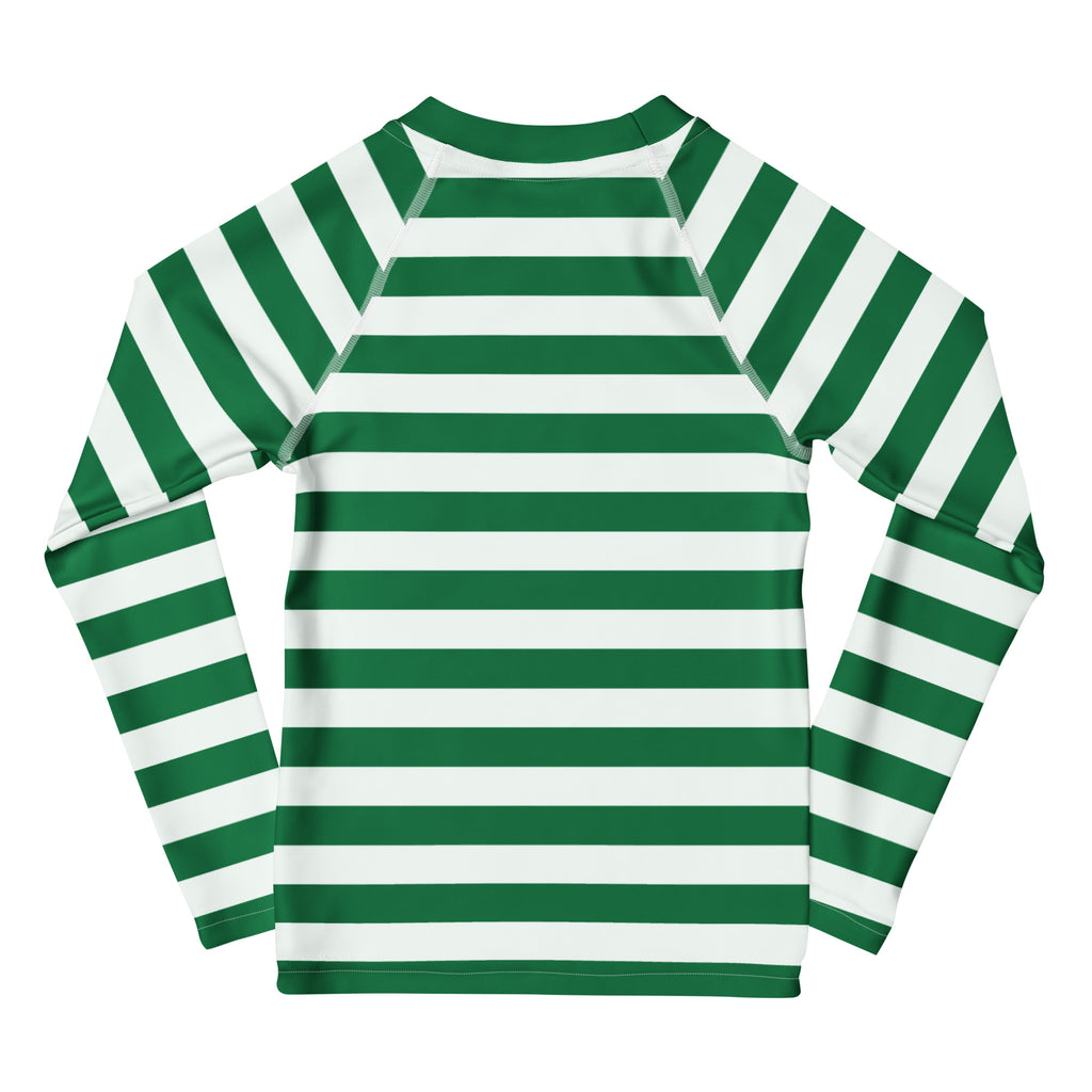 Kids green and white striped long sleeve rash guard swim shirt with UPF 50+ for sun protection and Christmas theme