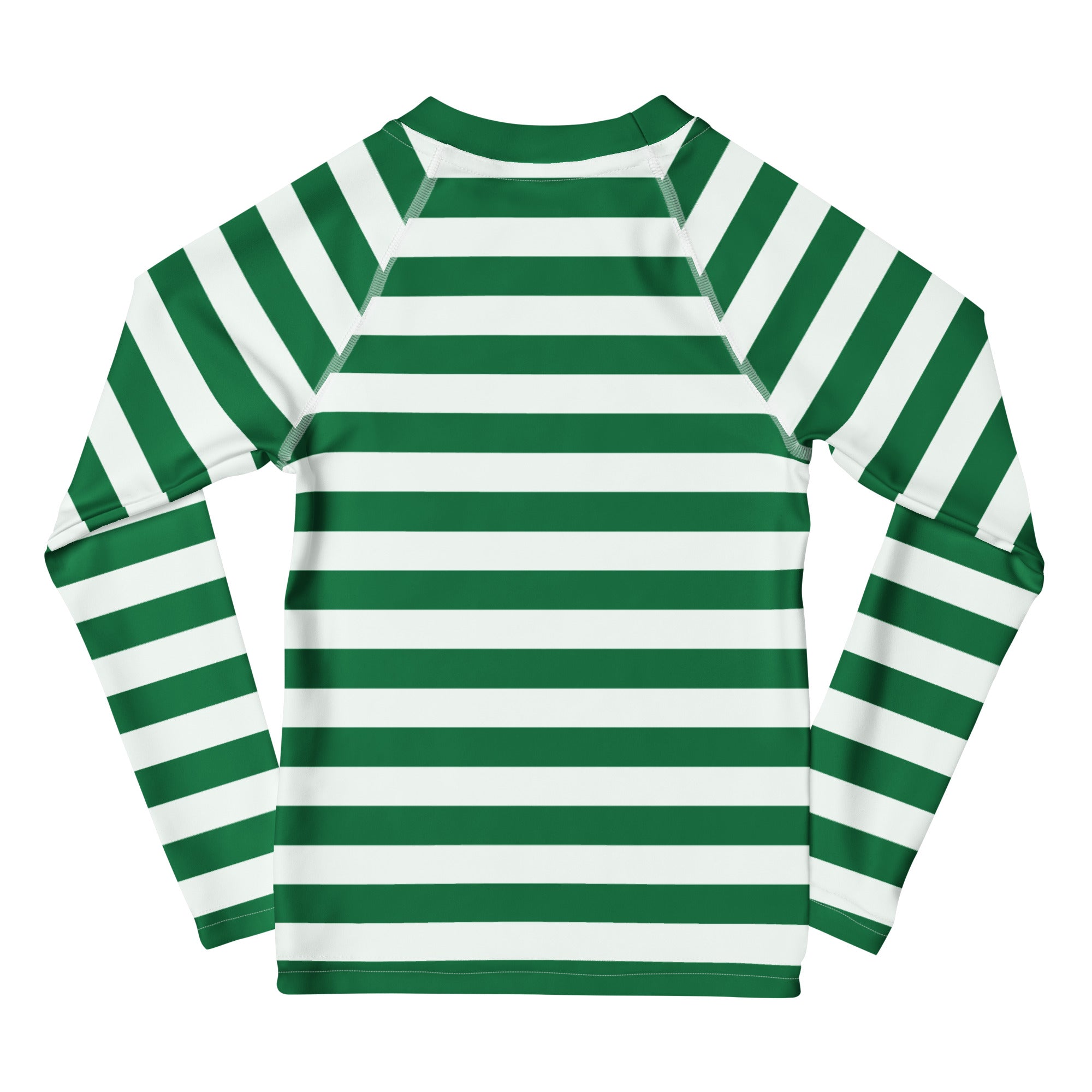 Kids green and white striped long sleeve rash guard swim shirt with UPF 50+ for sun protection and Christmas theme